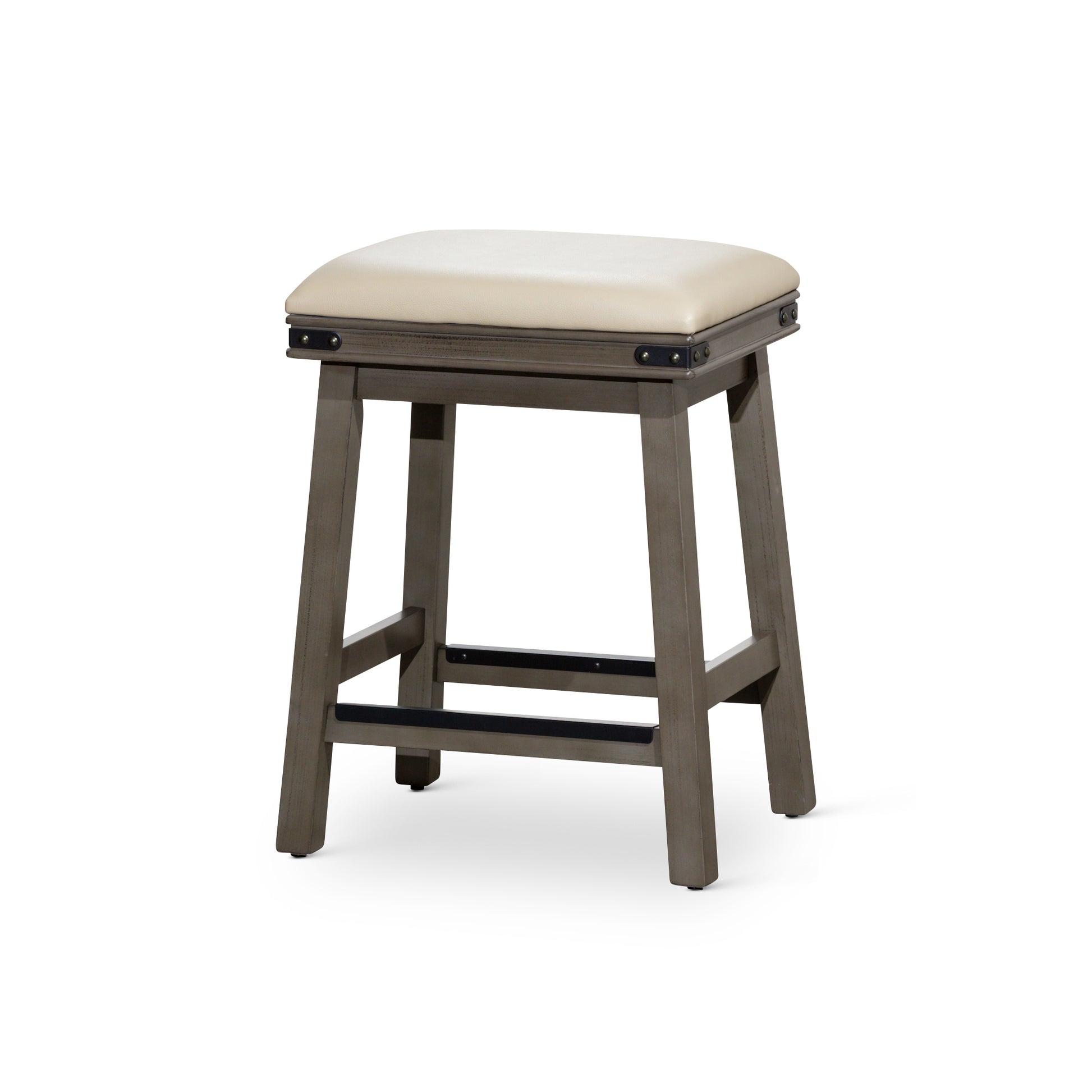 24" Counter Stool, Weathered Gray Finish, French Gray Leather Seat Gray Bonded Leather