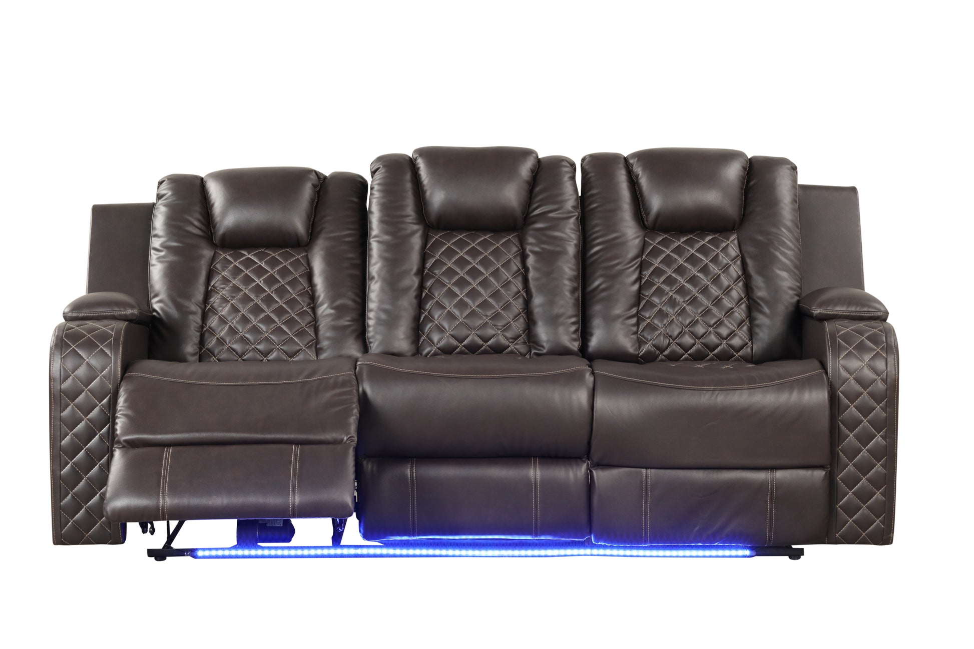 Benz Led & Power Reclining Sofa Made With Faux Leather In Brown Brown Faux Leather Metal Primary Living Space Medium Soft Cushion Back Heavy Duty Contemporary,Modern Solid Wood Mdf Faux Leather 3 Seat