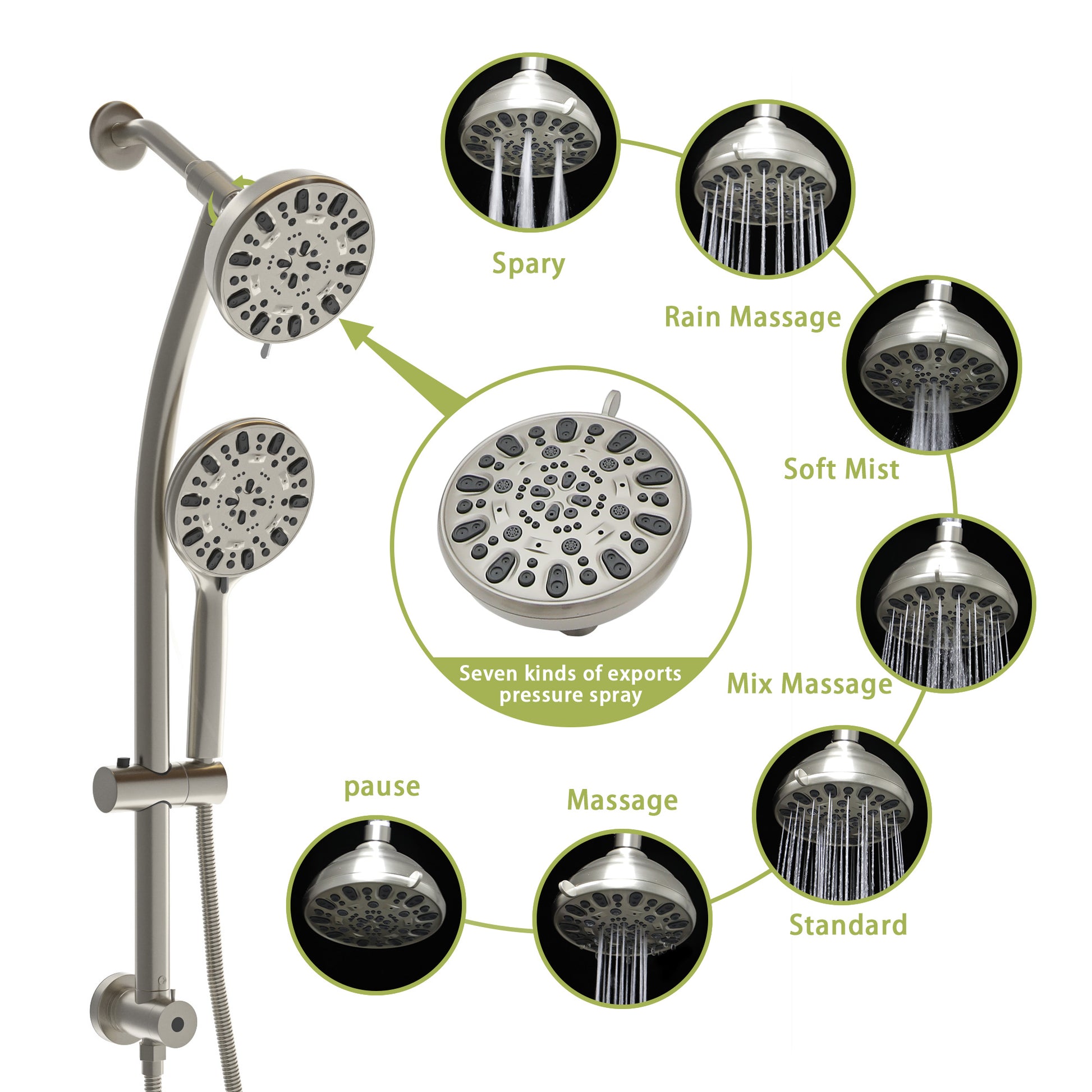 Multi Function Dual Shower Head Shower System With 4.7" Rain Showerhead, 7 Function Hand Shower, Adjustable Slide Bar,Brushed Nickel Brushed Nickel Plastic