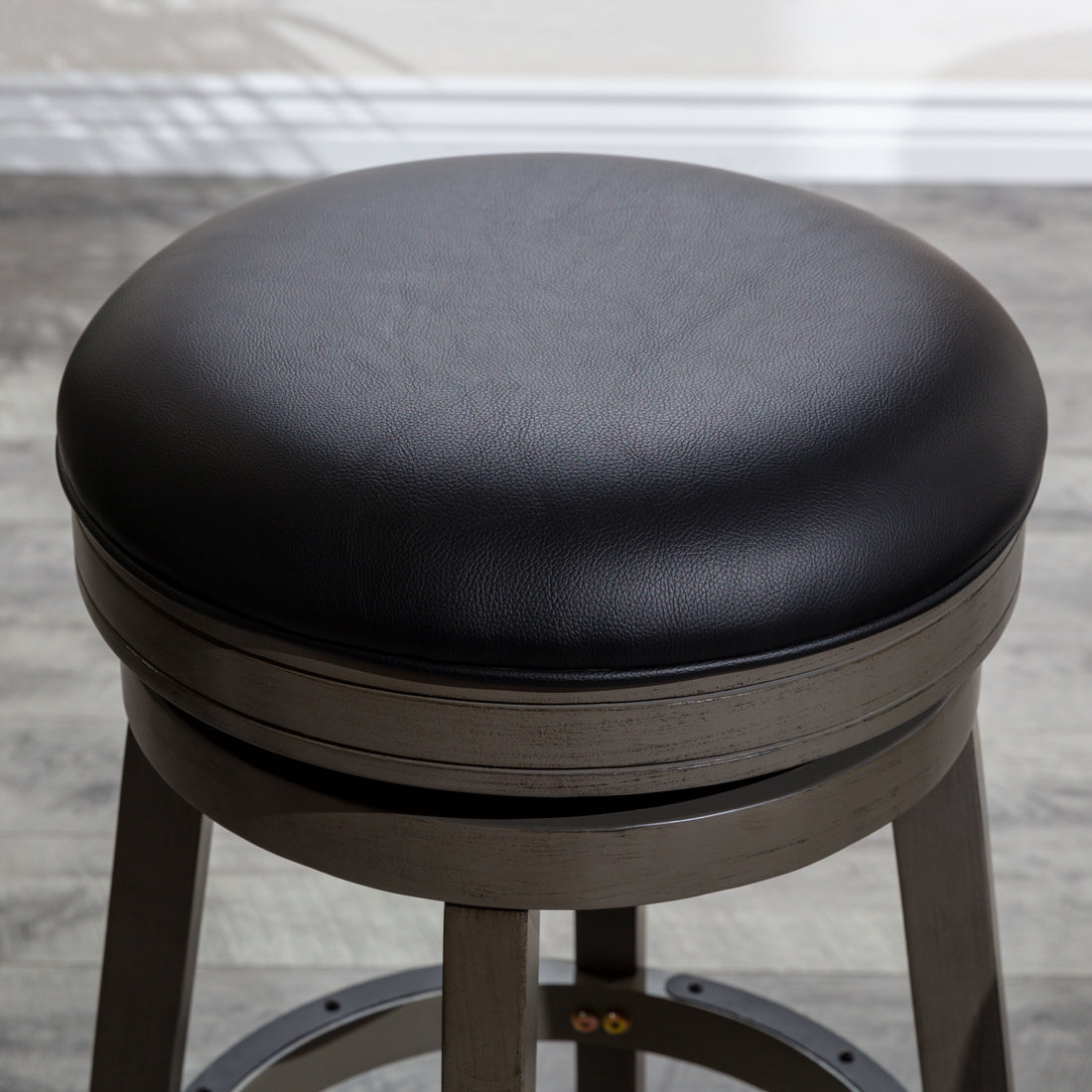 24" Counter Stool, Weathered Gray, Black Leather Seat Gray Bonded Leather