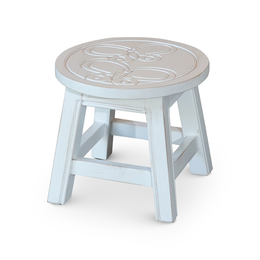 Carved Wooden Step Stool, Butterflies, Antique White Antique White Rubber Wood