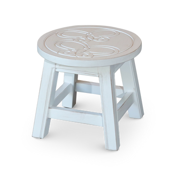 Carved Wooden Step Stool, Butterflies, Antique White Antique White Rubber Wood