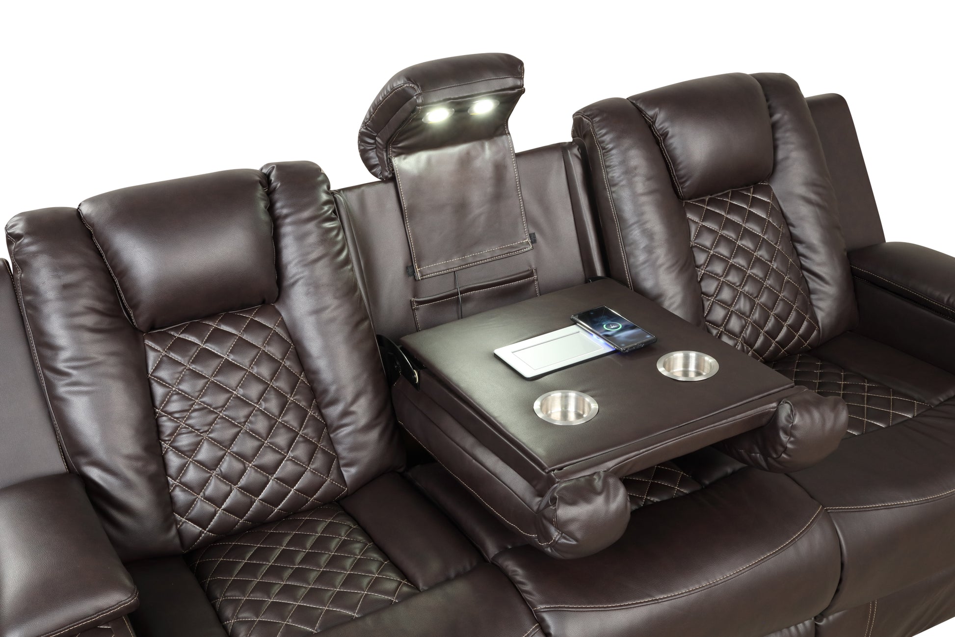 Benz Led & Power Reclining 2 Pc Set Made With Faux Leather In Brown Brown Faux Leather Metal Primary Living Space Medium Soft Cushion Back Contemporary,Modern Solid Wood Mdf Faux Leather 5 Seat