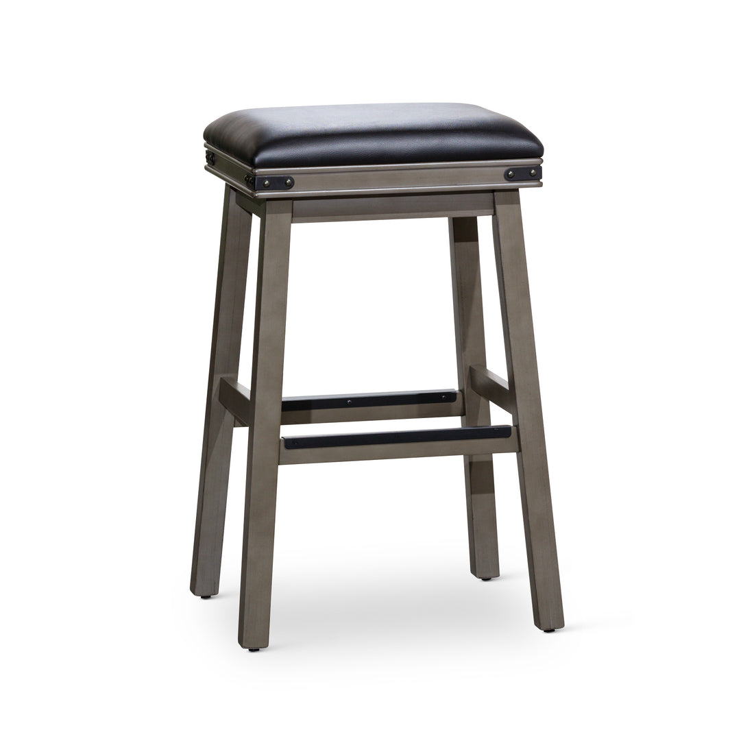 30" Bar Stool, Weathered Gray Finish, Black Leather Seat Gray Bonded Leather