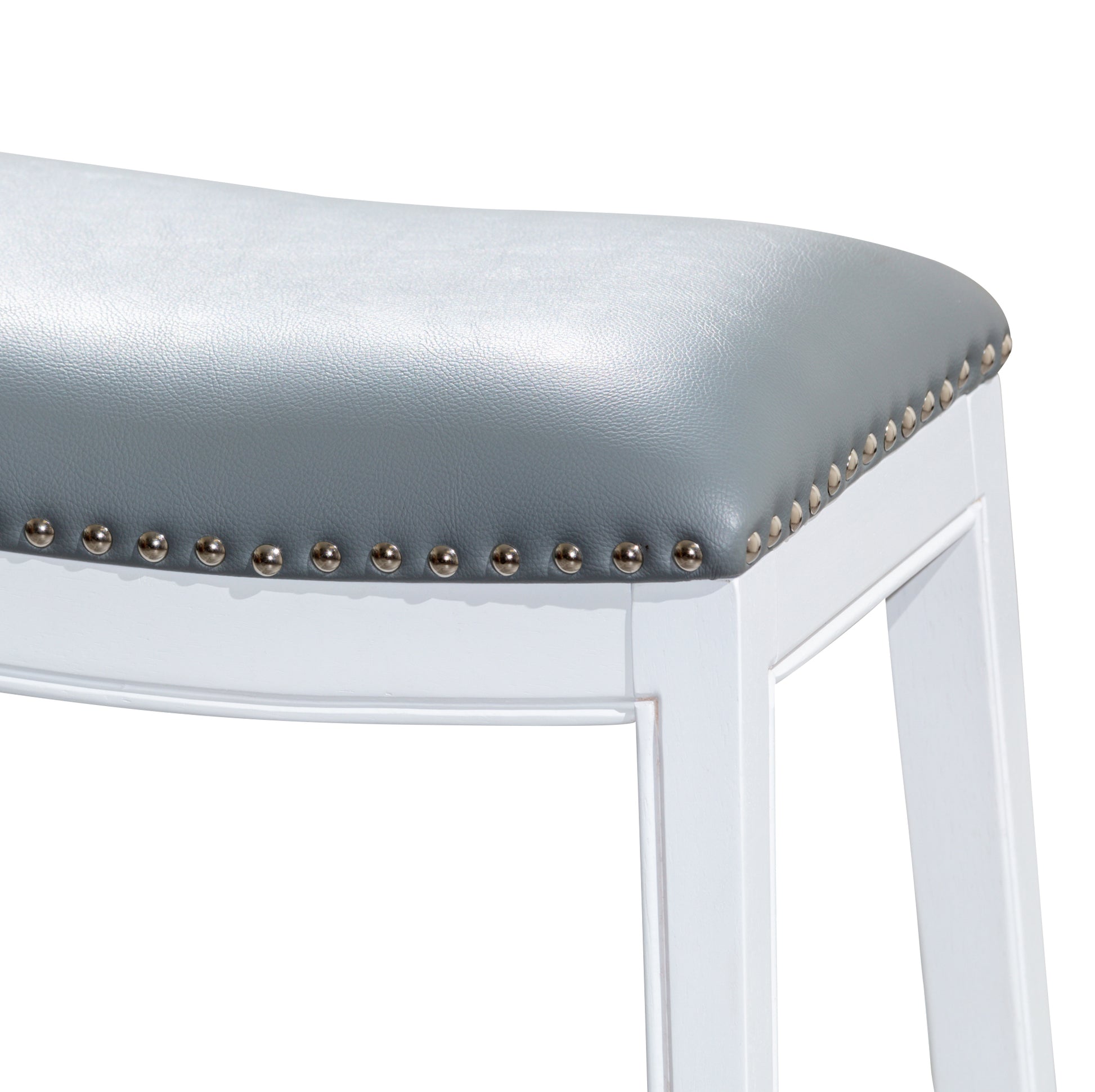 30" Bar Height Saddle Stool, White Finish, Gray Leather Seat White Polyester Bonded Leather