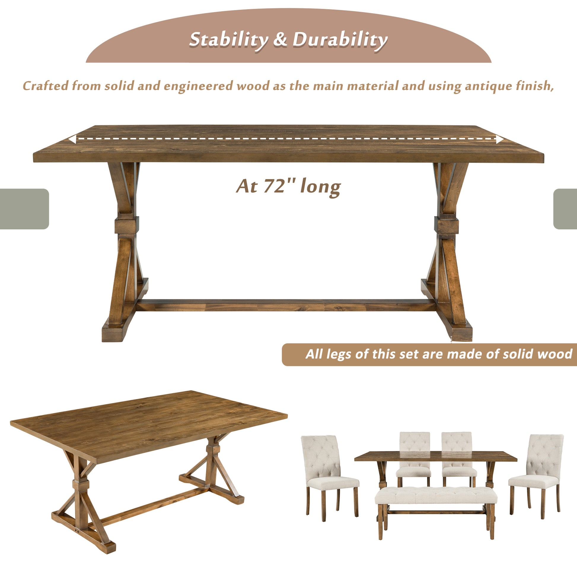 6 Piece Farmhouse Dining Table Set 72" Wood Rectangular Table, 4 Upholstered Chairs With Bench Walnut Walnut Solid Wood