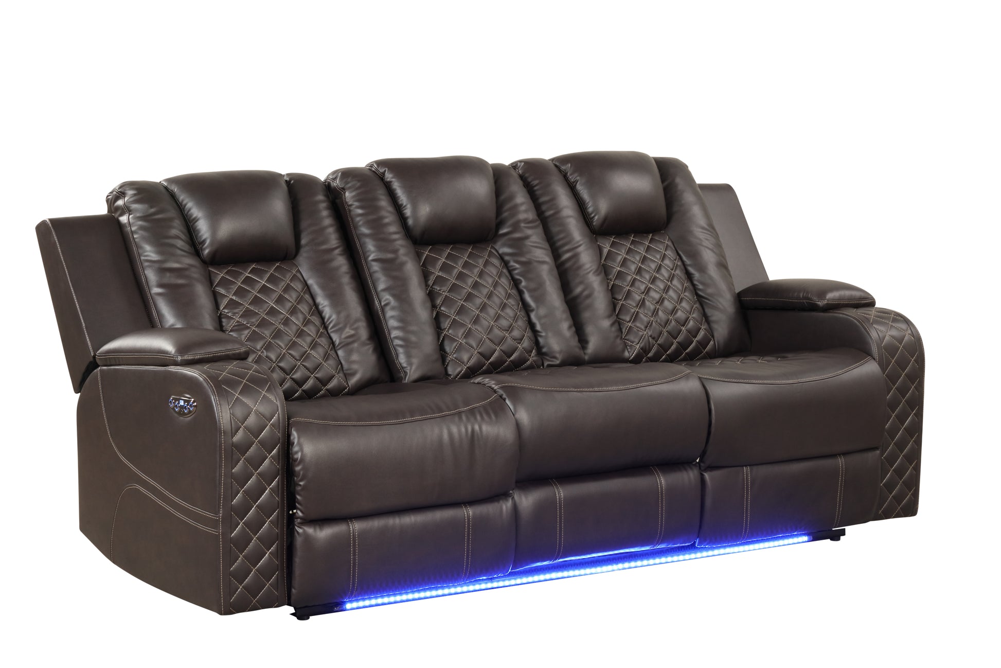 Benz Led & Power Reclining Sofa Made With Faux Leather In Brown Brown Faux Leather Metal Primary Living Space Medium Soft Cushion Back Heavy Duty Contemporary,Modern Solid Wood Mdf Faux Leather 3 Seat