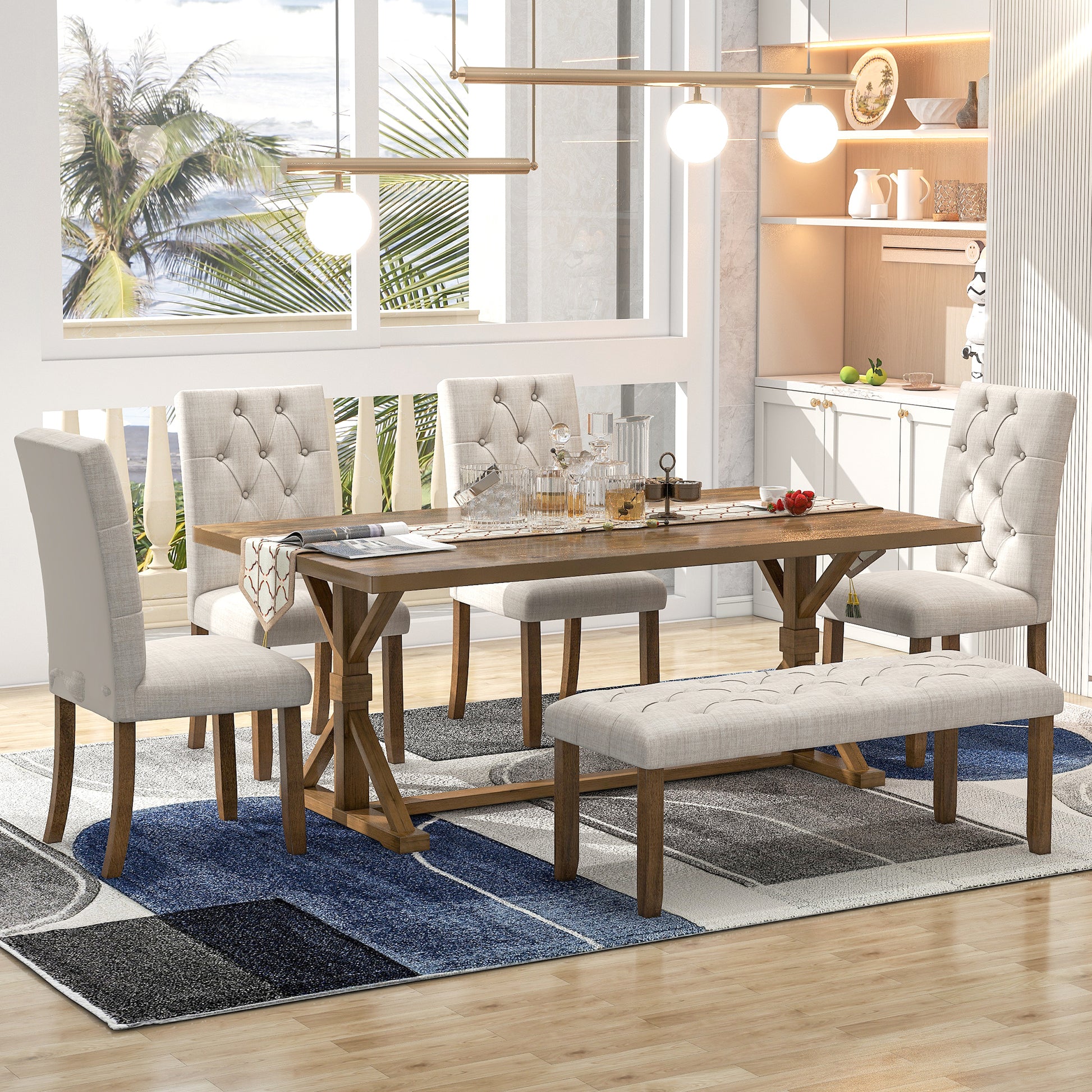 6 Piece Farmhouse Dining Table Set 72" Wood Rectangular Table, 4 Upholstered Chairs With Bench Walnut Walnut Solid Wood