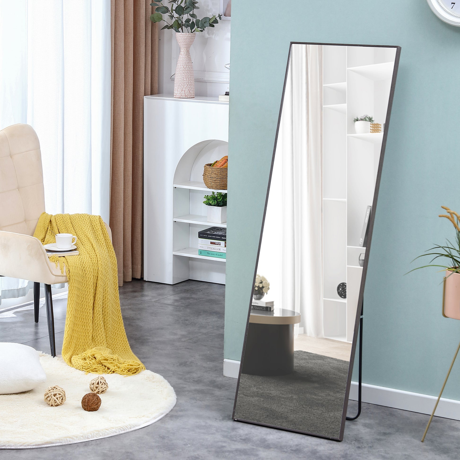 3Rd Generation Gray Solid Wood Frame Full Length Mirror, Dressing Mirror, Bedroom Porch, Decorative Mirror, Clothing Store, Floor Standing Large Mirror, Wall Mounted.60"*17" Gray Glass