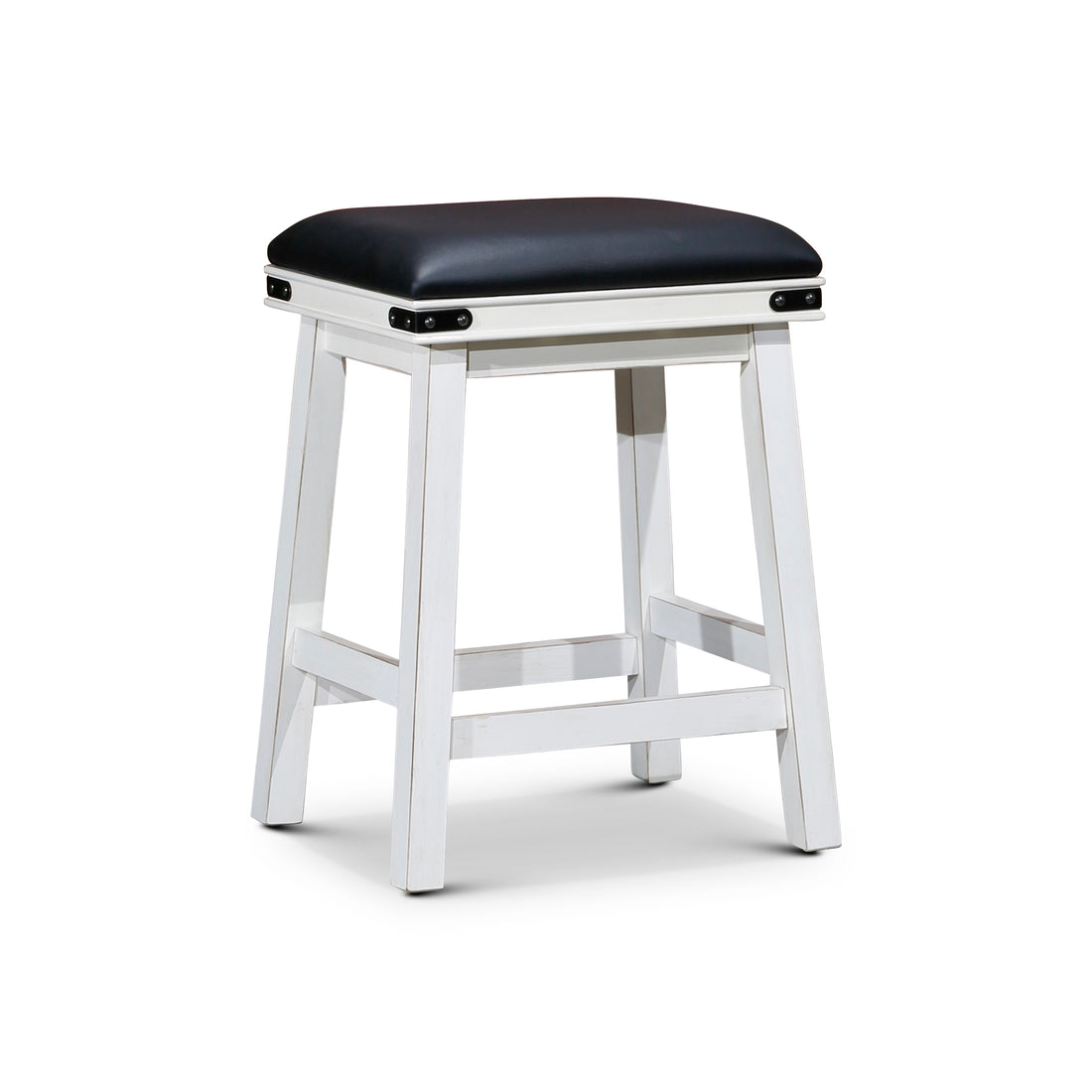 24" Counter Stool, Antique White Finish, Black Leather Seat Antique White Bonded Leather