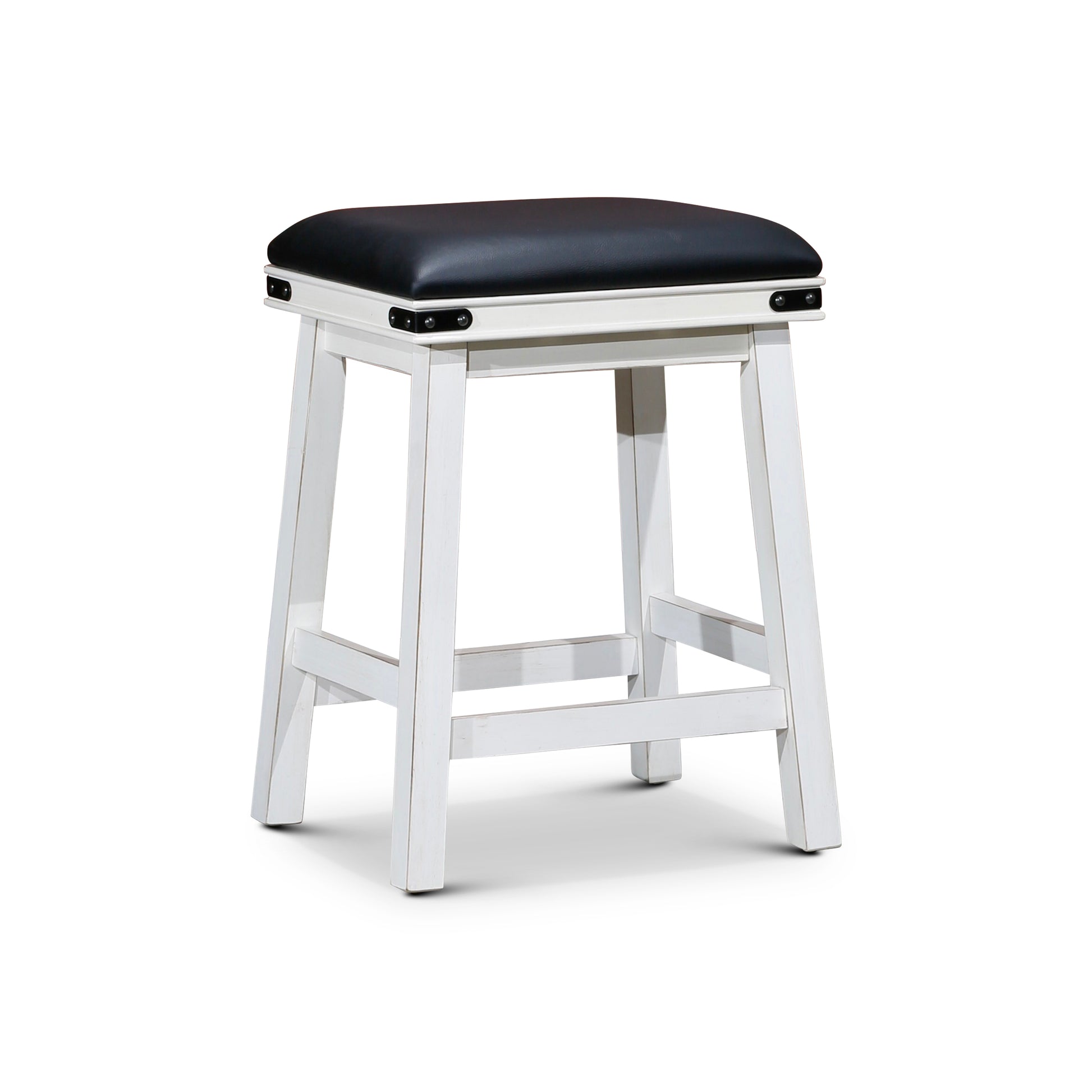 24" Counter Stool, Antique White Finish, Black Leather Seat Antique White Bonded Leather