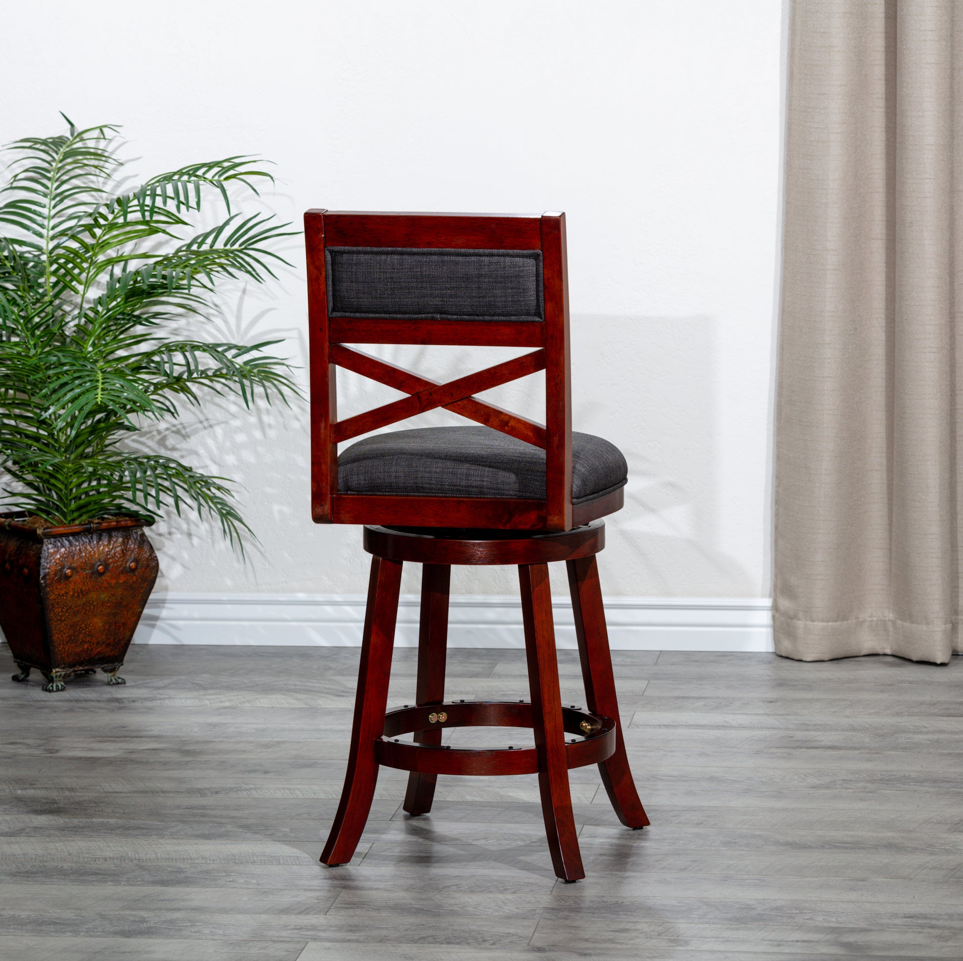 30" Bar Height X Back Swivel Stool, Stool, Cherry Finish, Charcoal Fabric Seat Cherry Fabric