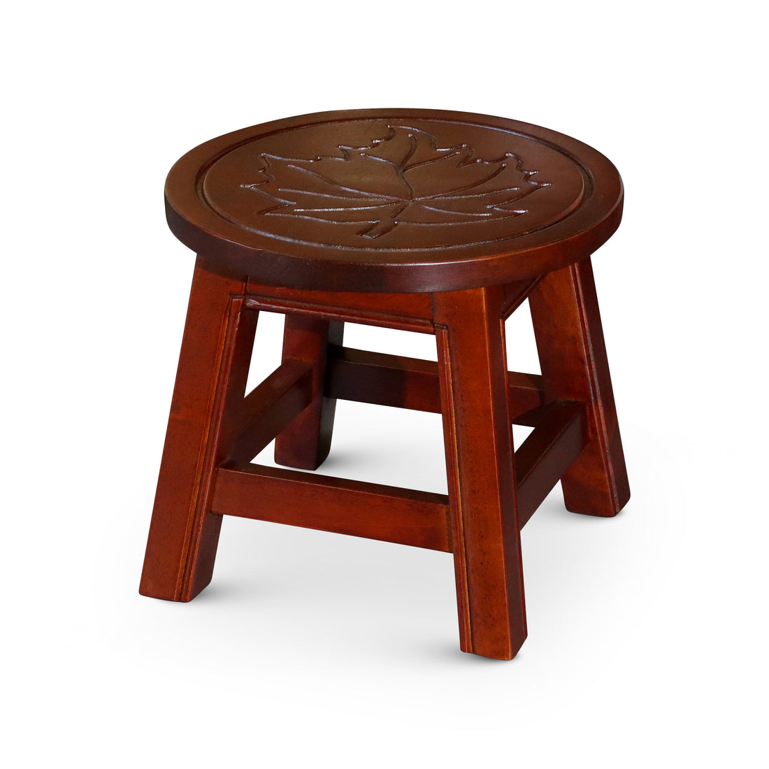 Carved Wooden Step Stool, Maple Leaf, Cherry Cherry Rubber Wood