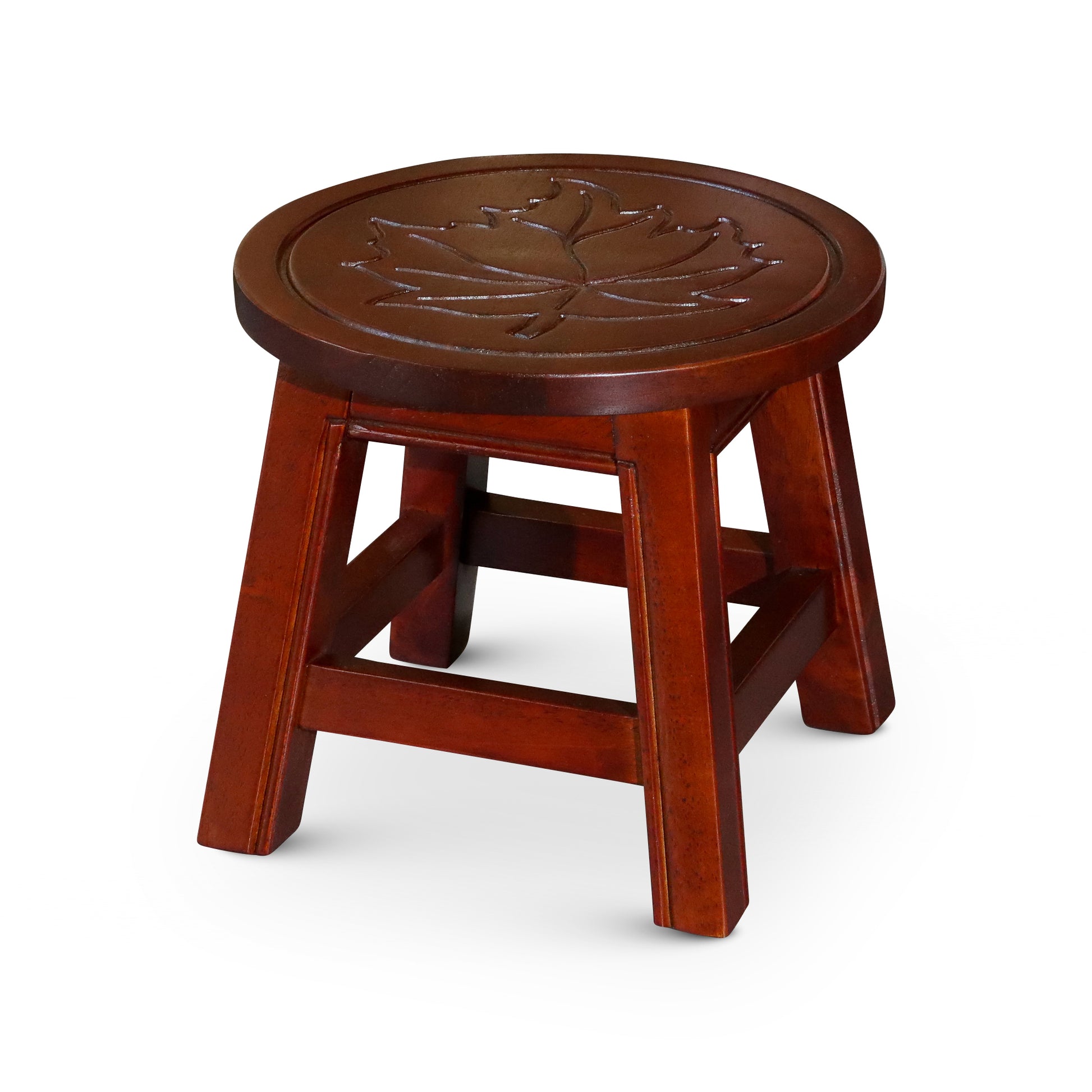 Carved Wooden Step Stool, Maple Leaf, Cherry Cherry Rubber Wood