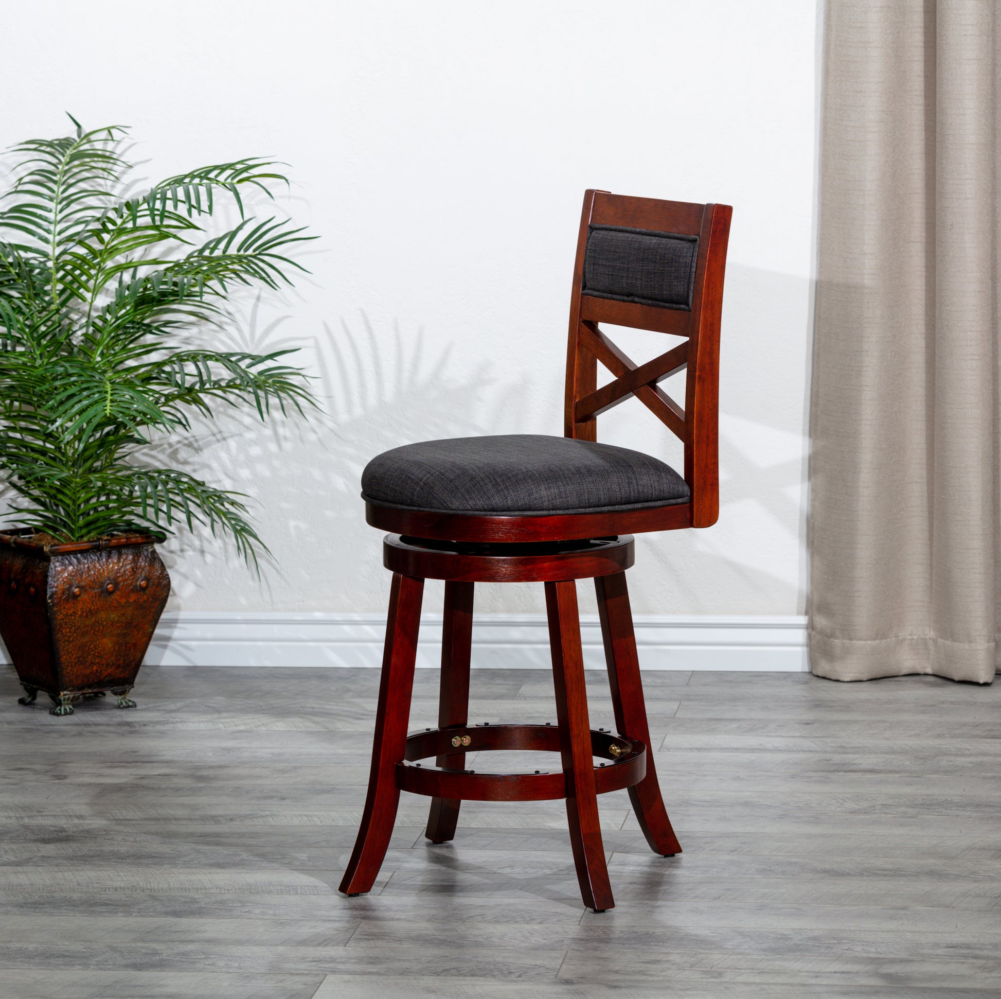 30" Bar Height X Back Swivel Stool, Stool, Cherry Finish, Charcoal Fabric Seat Cherry Fabric