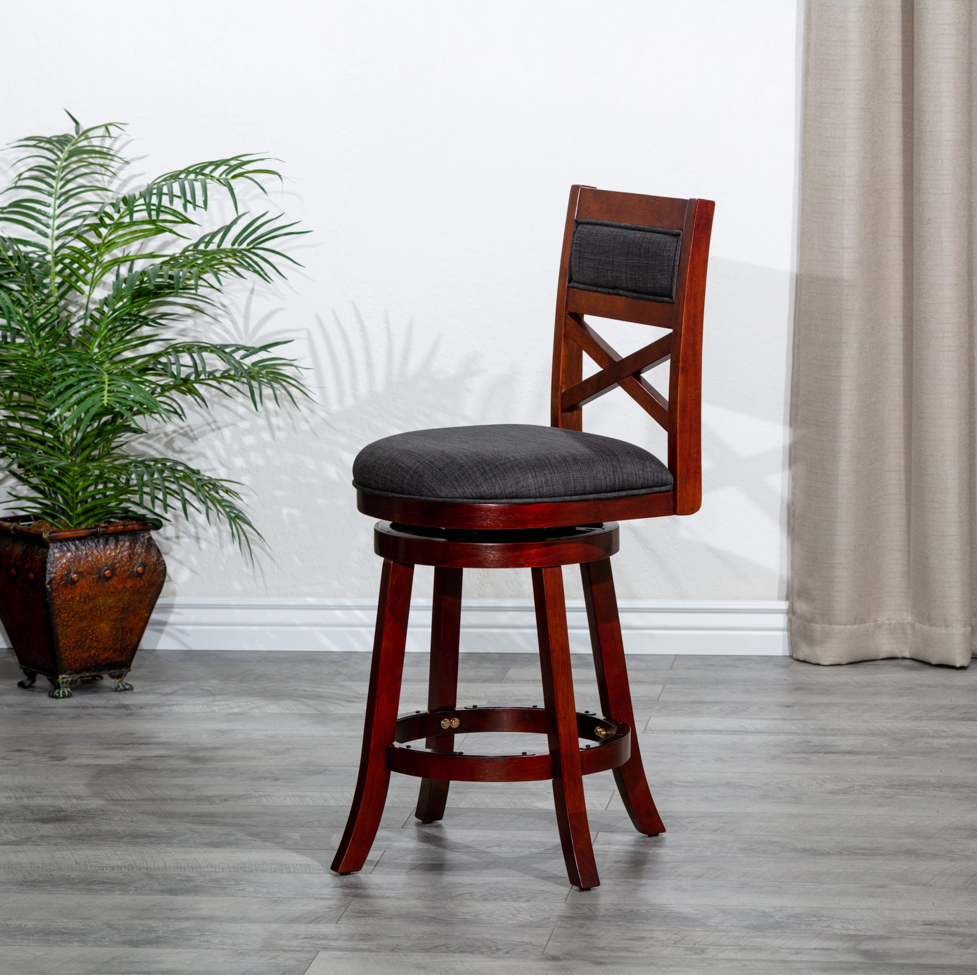 24" Counter Height X Back Swivel Stool, Cherry Finish, Charcoal Fabric Seat Cherry Fabric