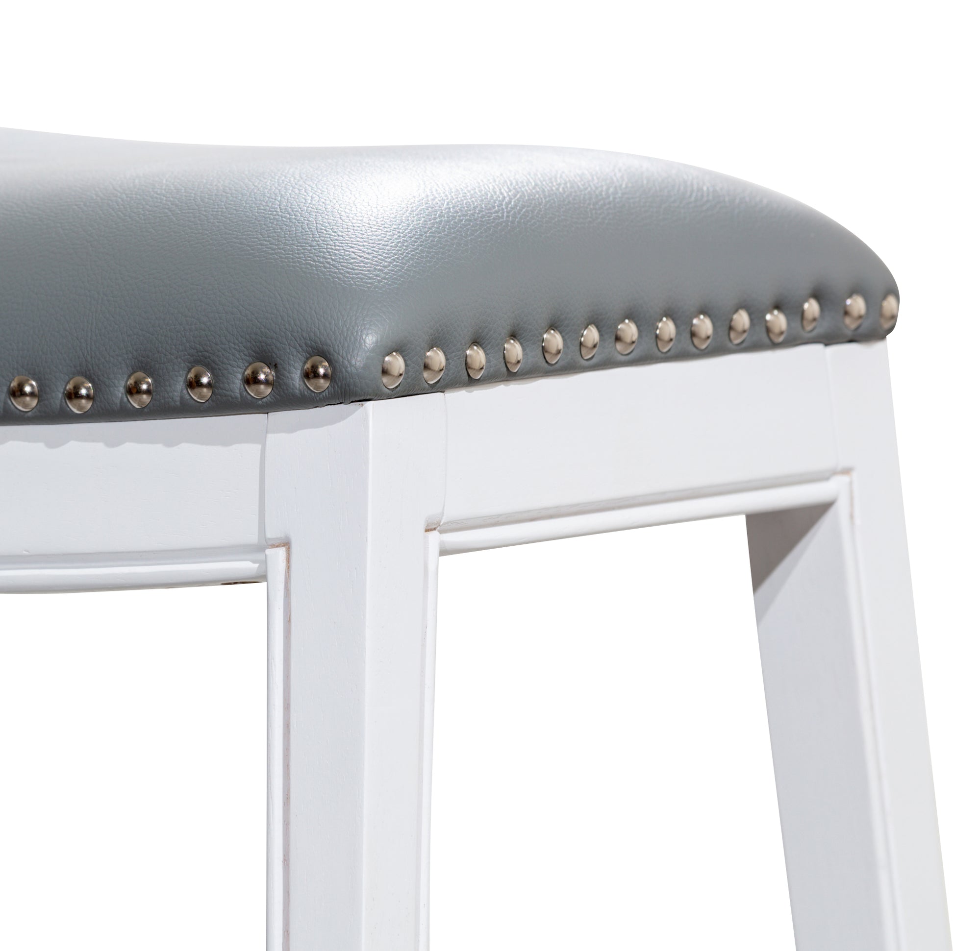 30" Bar Height Saddle Stool, White Finish, Gray Leather Seat White Polyester Bonded Leather