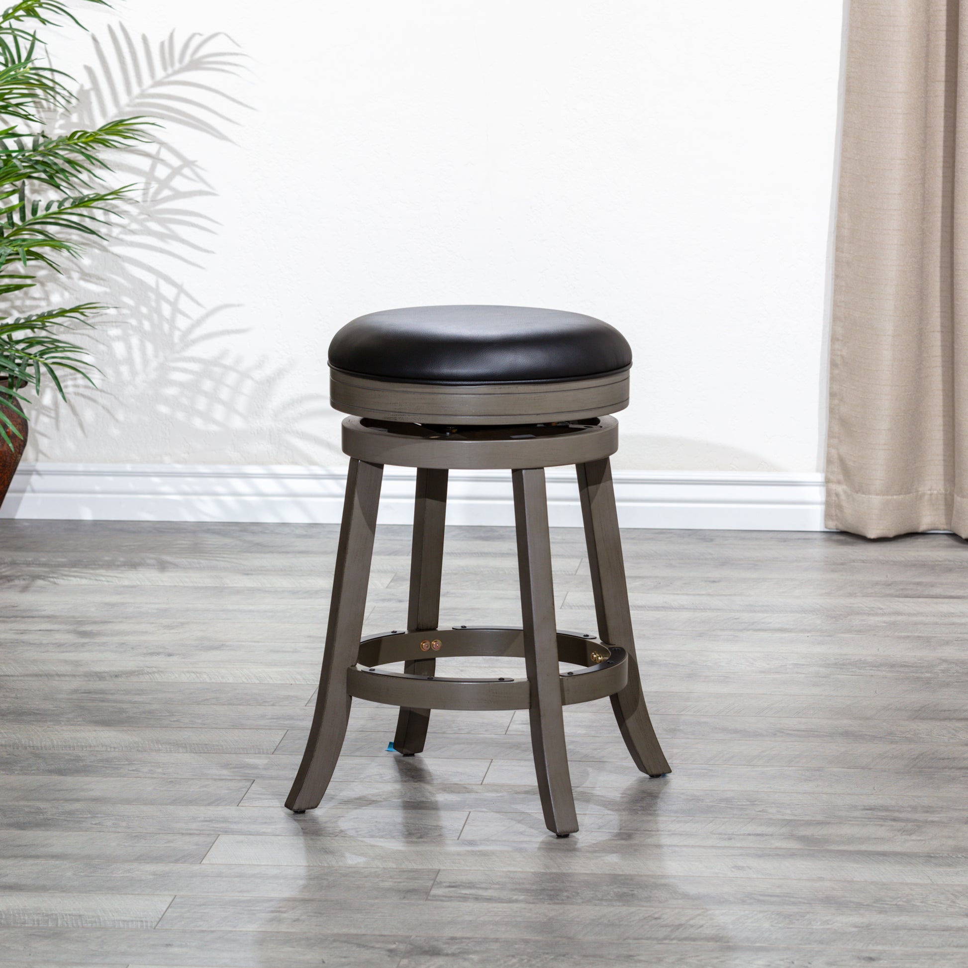 24" Counter Stool, Weathered Gray, Black Leather Seat Gray Bonded Leather