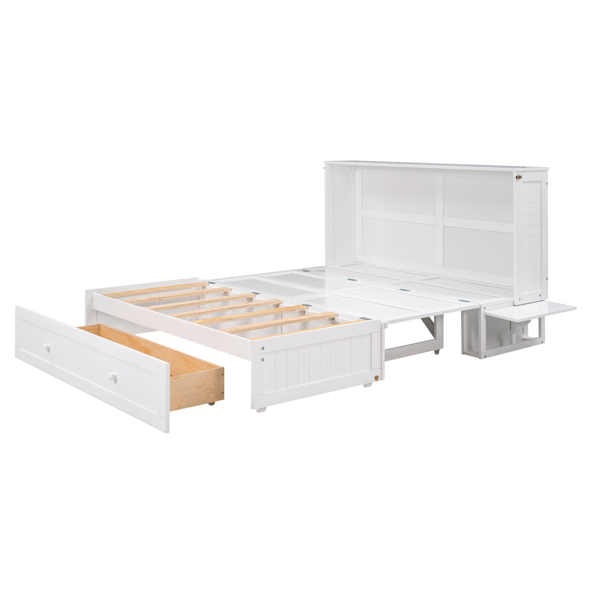 Queen Size Mobile Murphy Bed With Drawer And Little Shelves On Each Side,White Box Spring Not Required Queen White Wood Pine Pine