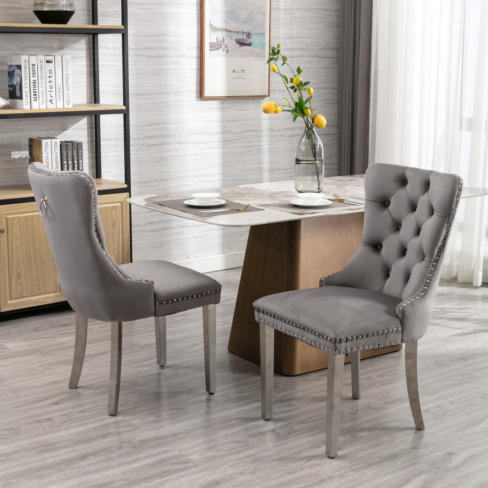 Nikki Collection Modern, High End Tufted Solid Wood Contemporary Velvet Upholstered Dining Chair With Chrome Stainless Steel Plating Legs,Nailhead Trim,Set Of 2,Gray And Chrome, Sw1701Gy Rubberwood Gray Dining Room American Design Rubberwood Wing Back