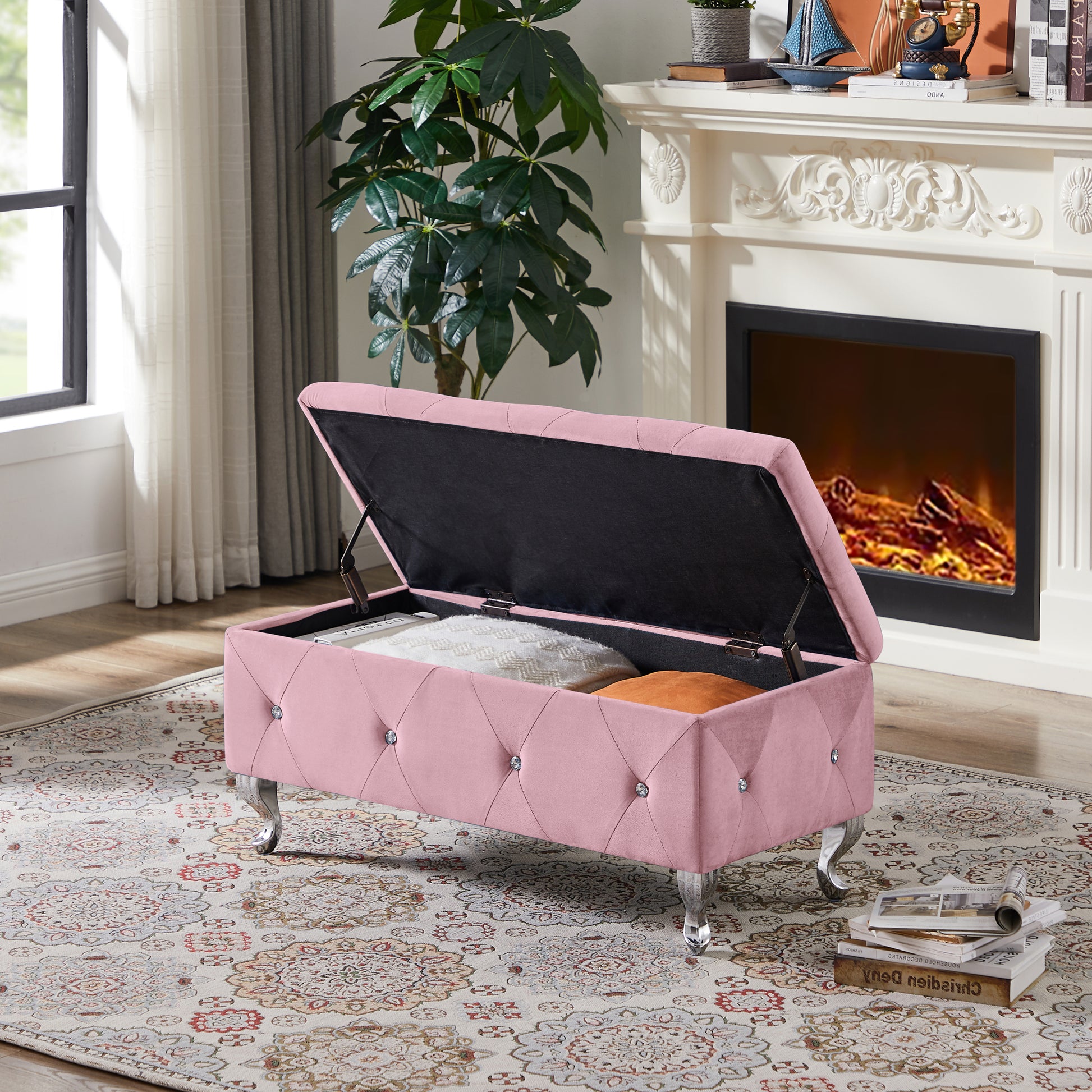 Storage Bench, Flip Top Entryway Bench Seat With Safety Hinge, Storage Chest With Padded Seat, Bed End Stool For Hallway Living Room Bedroom, Supports 250 Lb, Pink Velet Pink Velvet