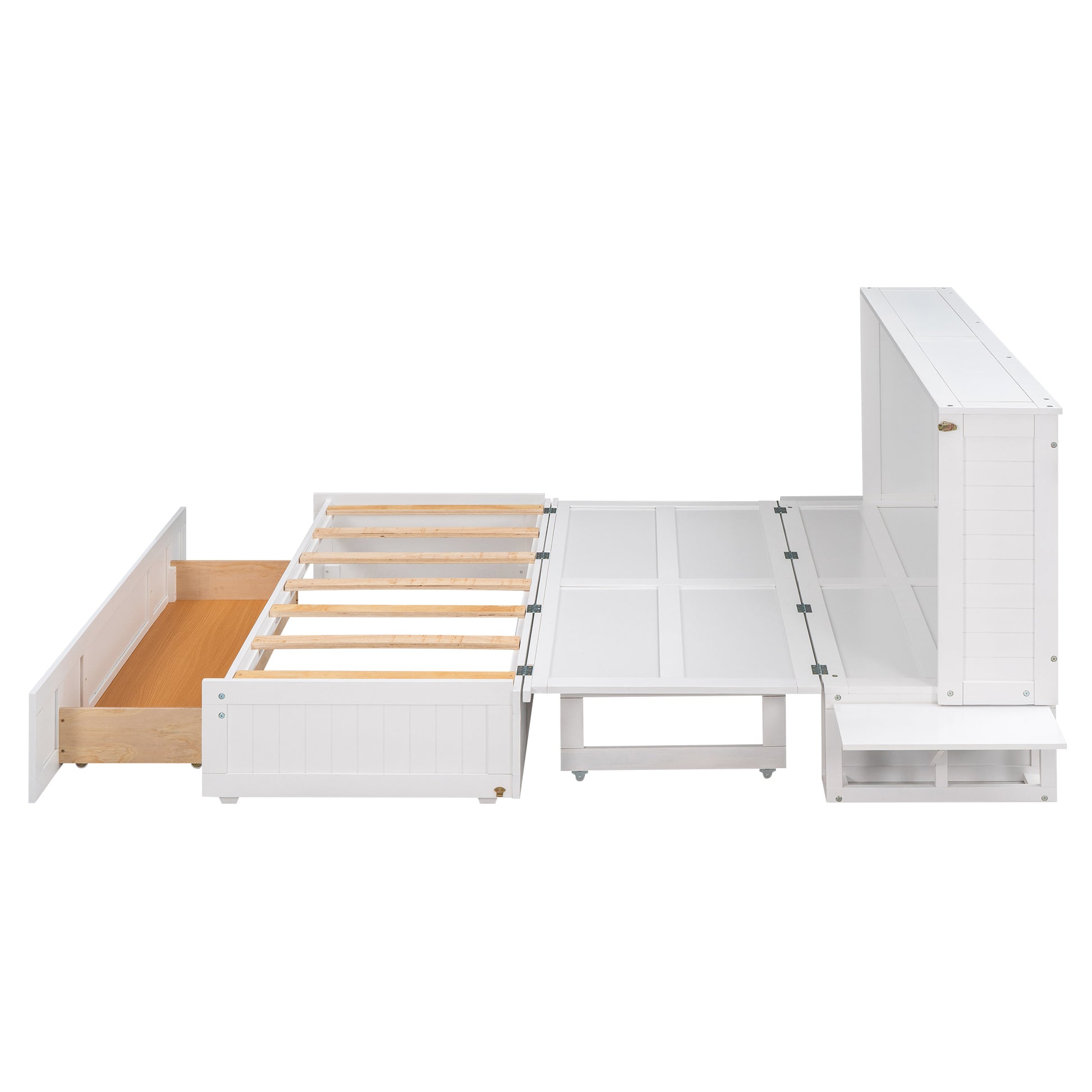 Queen Size Mobile Murphy Bed With Drawer And Little Shelves On Each Side,White Box Spring Not Required Queen White Wood Pine Pine