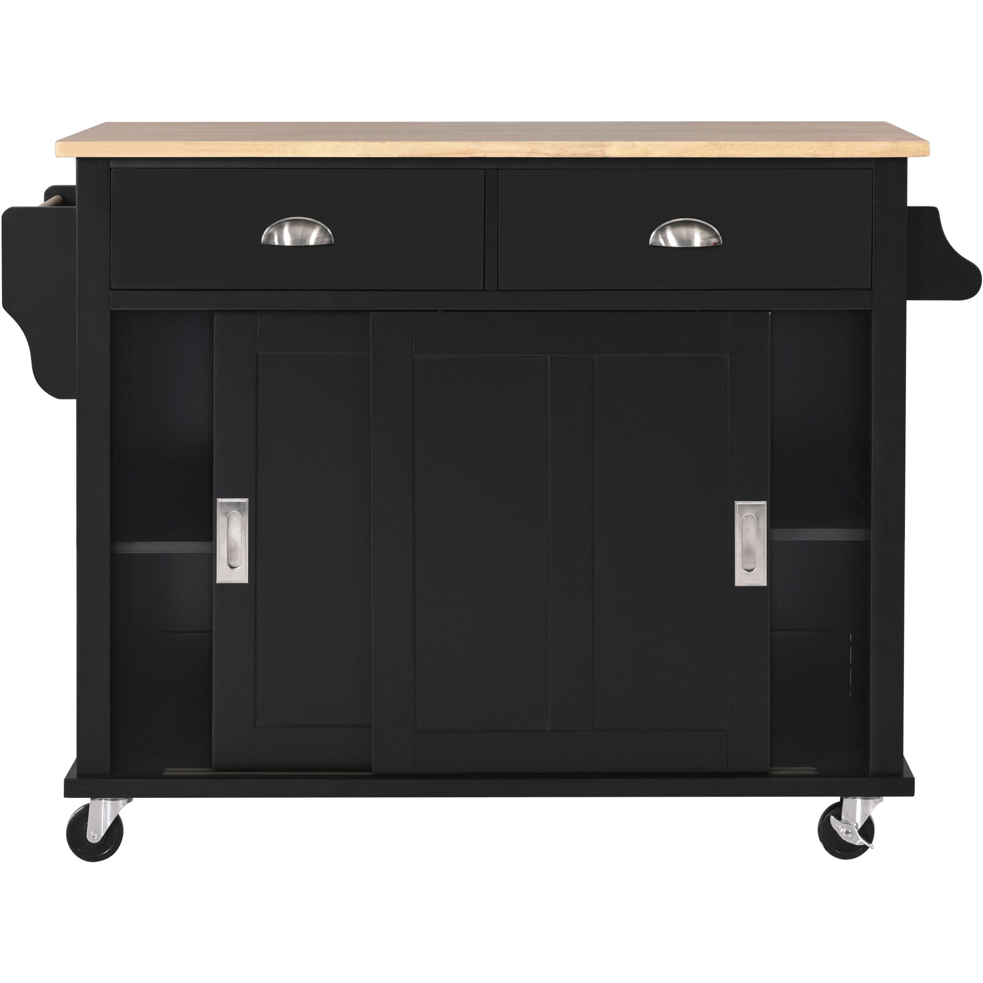 Kitchen Cart With Rubber Wood Drop Leaf Countertop, Concealed Sliding Barn Door Adjustable Height,Kitchen Island On 4 Wheels With Storage Cabinet And 2 Drawers,L52.2Xw30.5Xh36.6 Inch, Black Black Mdf