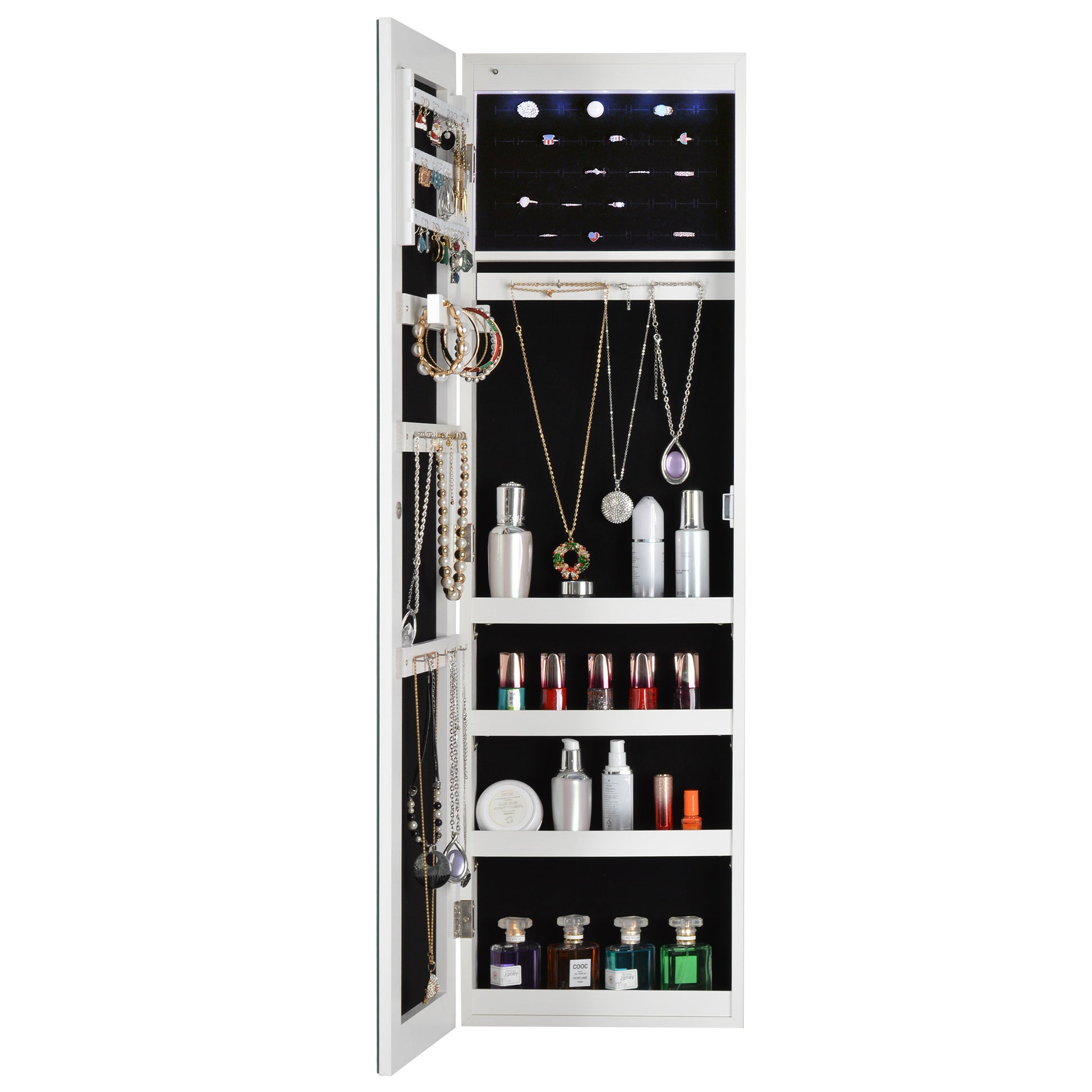 Full Mirror Fashion Simple Jewelry Storage Cabinet With Led Light Can Be Hung On The Door Or Wall White Mdf Mdf