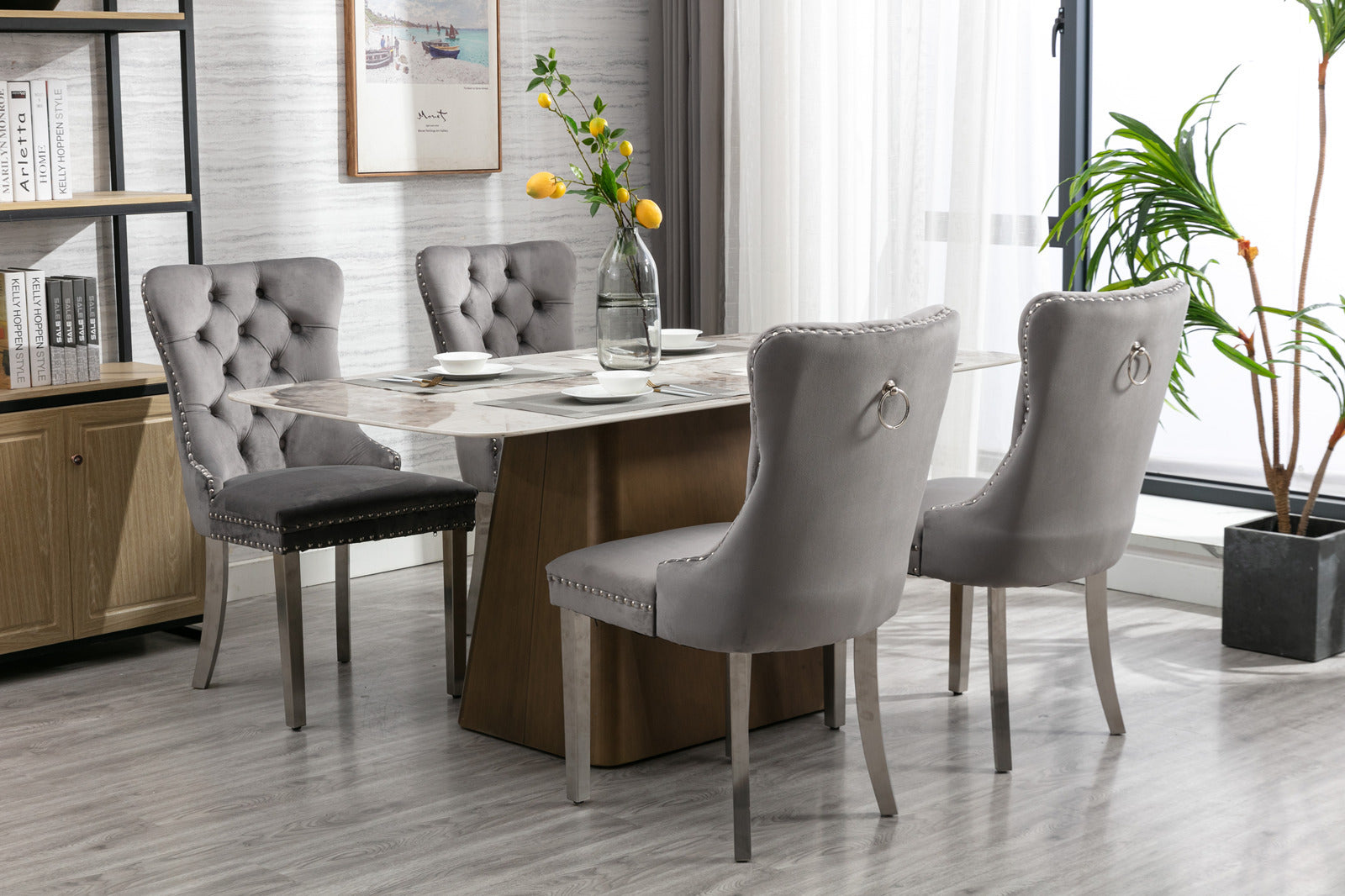 Nikki Collection Modern, High End Tufted Solid Wood Contemporary Velvet Upholstered Dining Chair With Chrome Stainless Steel Plating Legs,Nailhead Trim,Set Of 2,Gray And Chrome, Sw1701Gy Rubberwood Gray Dining Room American Design Rubberwood Wing Back