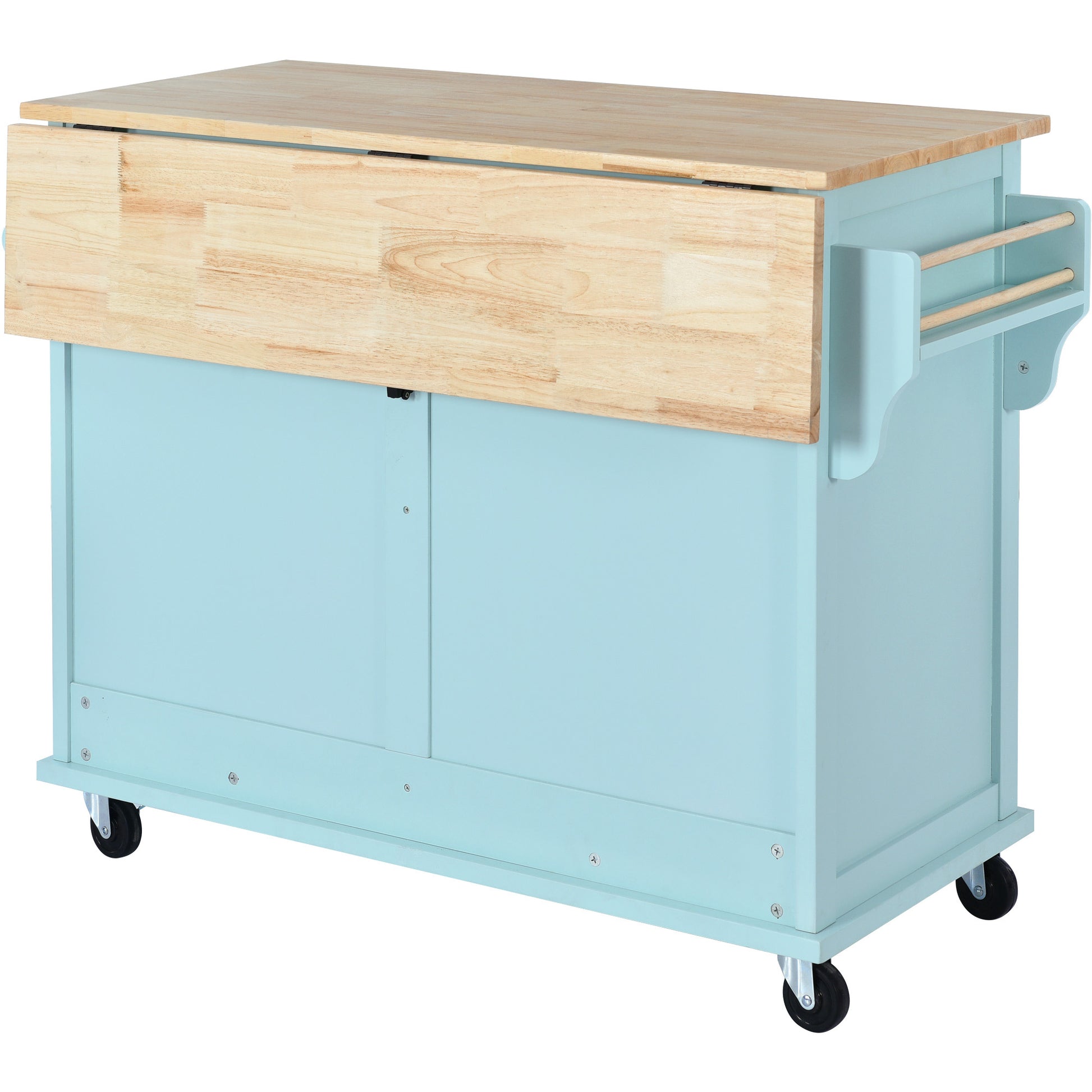 Kitchen Cart With Rubber Wood Drop Leaf Countertop, Concealed Sliding Barn Door Adjustable Height,Kitchen Island On 4 Wheels With Storage Cabinet And 2 Drawers,L52.2Xw30.5Xh36.6 Inch, Mint Green Mint Green Mdf