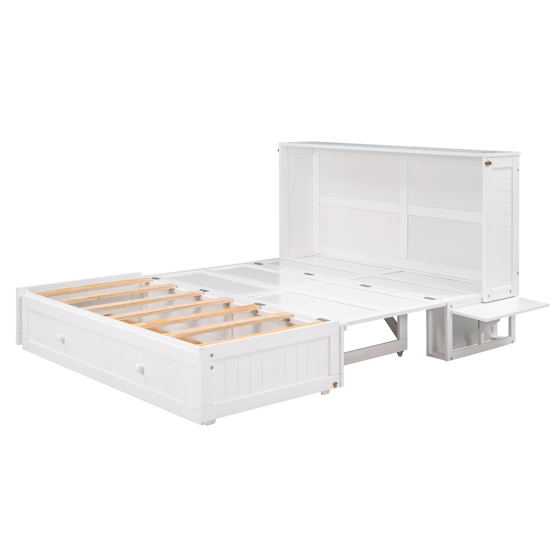 Queen Size Mobile Murphy Bed With Drawer And Little Shelves On Each Side,White Box Spring Not Required Queen White Wood Pine Pine