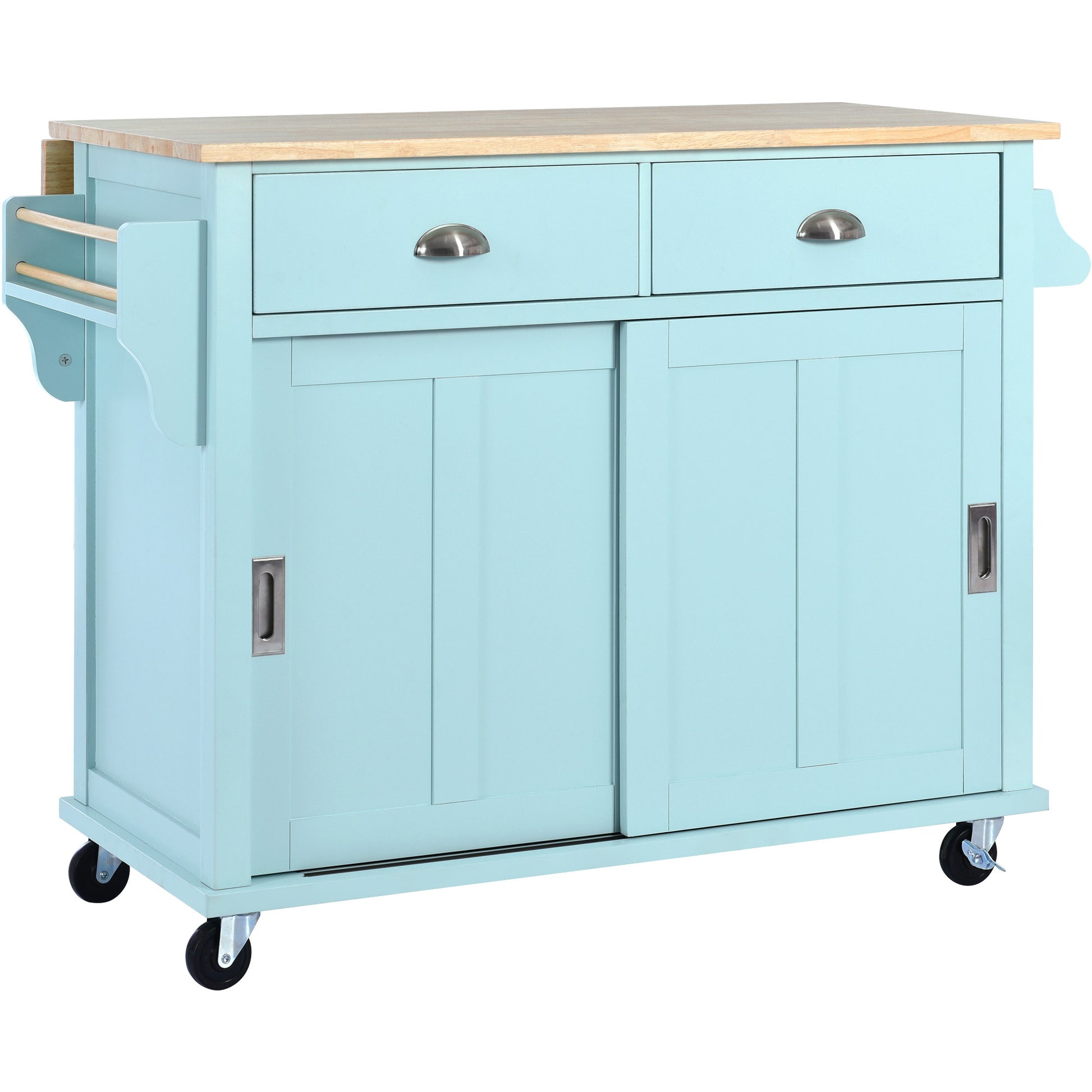 Kitchen Cart With Rubber Wood Drop Leaf Countertop, Concealed Sliding Barn Door Adjustable Height,Kitchen Island On 4 Wheels With Storage Cabinet And 2 Drawers,L52.2Xw30.5Xh36.6 Inch, Mint Green Mint Green Mdf