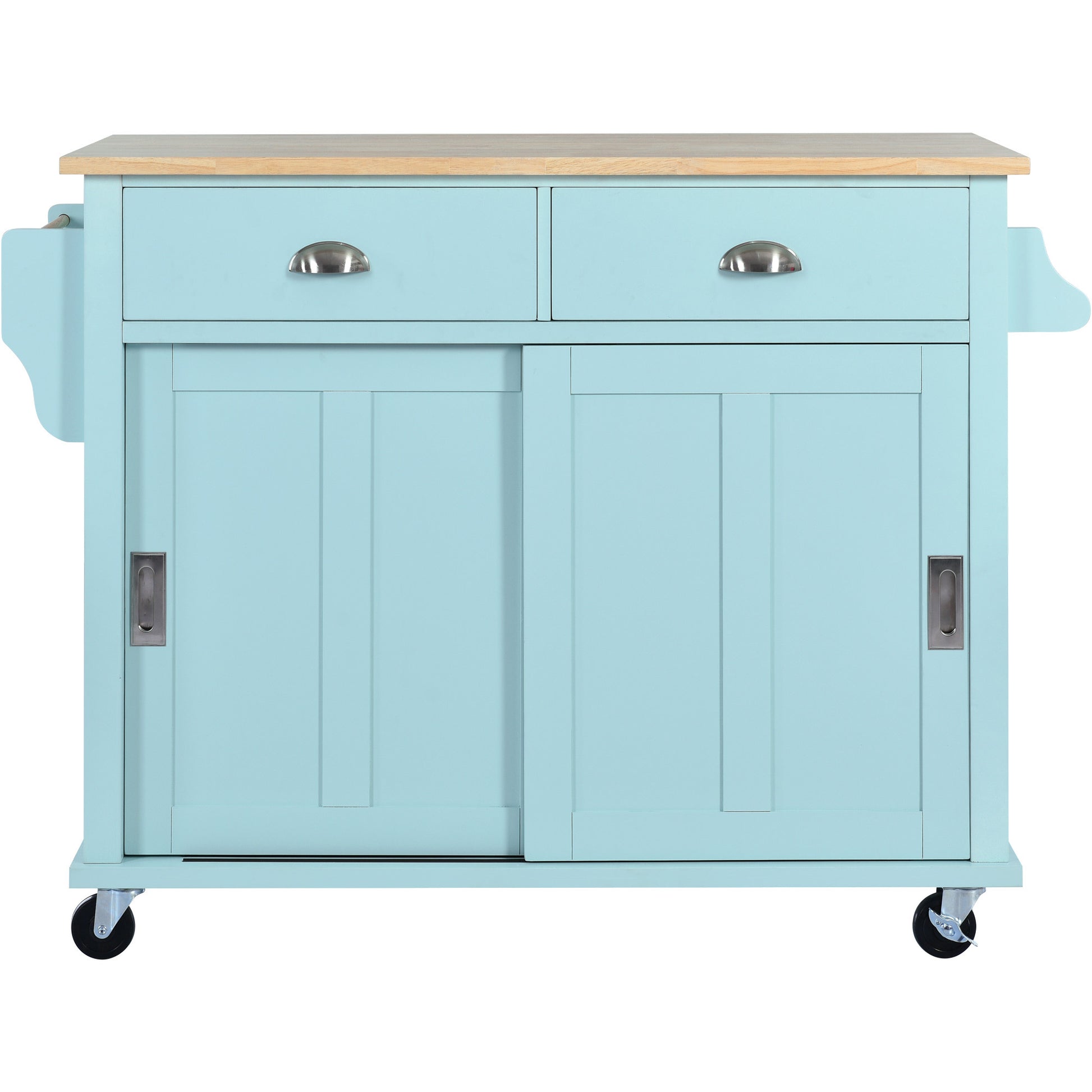 Kitchen Cart With Rubber Wood Drop Leaf Countertop, Concealed Sliding Barn Door Adjustable Height,Kitchen Island On 4 Wheels With Storage Cabinet And 2 Drawers,L52.2Xw30.5Xh36.6 Inch, Mint Green Mint Green Mdf