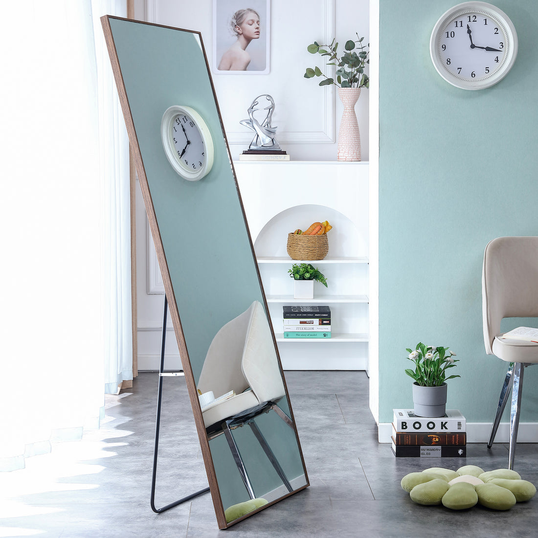 Brown Solid Wood Frame Full Length Mirror, Dressing Mirror, Bedroom Home Porch, Decorative Mirror, Clothing Store, Floor Mounted Large Mirror, Wall Mounted.63"*19" Brown Glass