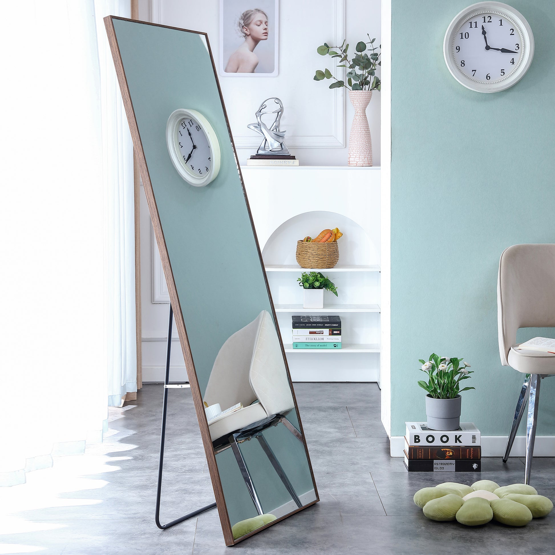 Brown Solid Wood Frame Full Length Mirror, Dressing Mirror, Bedroom Home Porch, Decorative Mirror, Clothing Store, Floor Mounted Large Mirror, Wall Mounted.63"*19" Brown Glass