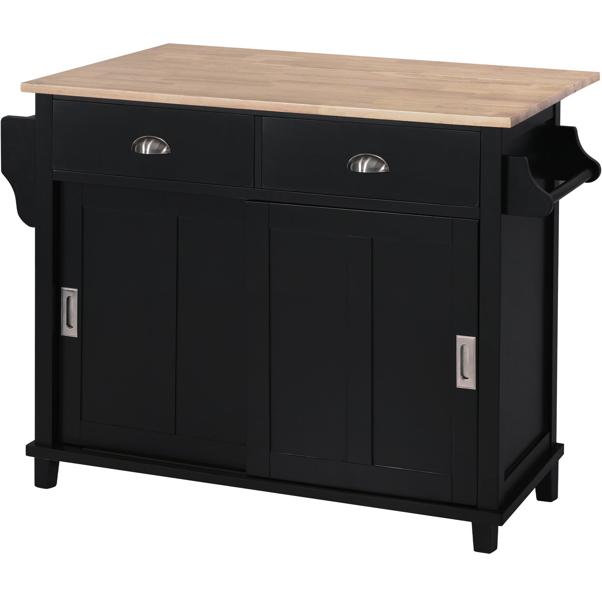 Kitchen Cart With Rubber Wood Drop Leaf Countertop, Concealed Sliding Barn Door Adjustable Height,Kitchen Island On 4 Wheels With Storage Cabinet And 2 Drawers,L52.2Xw30.5Xh36.6 Inch, Black Black Mdf