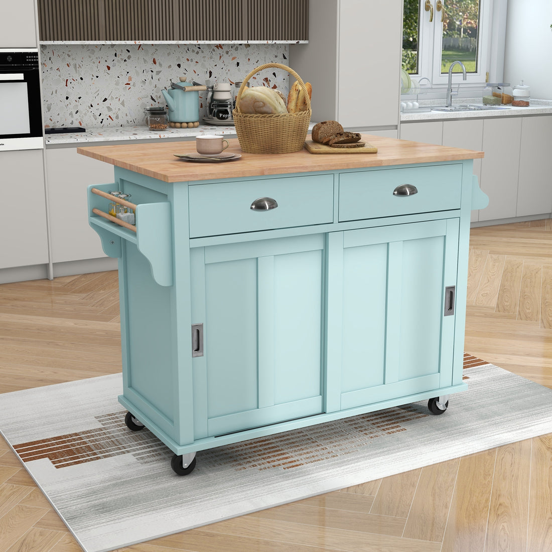 Kitchen Cart with Rubber wood Drop Leaf Countertop mint green-mdf