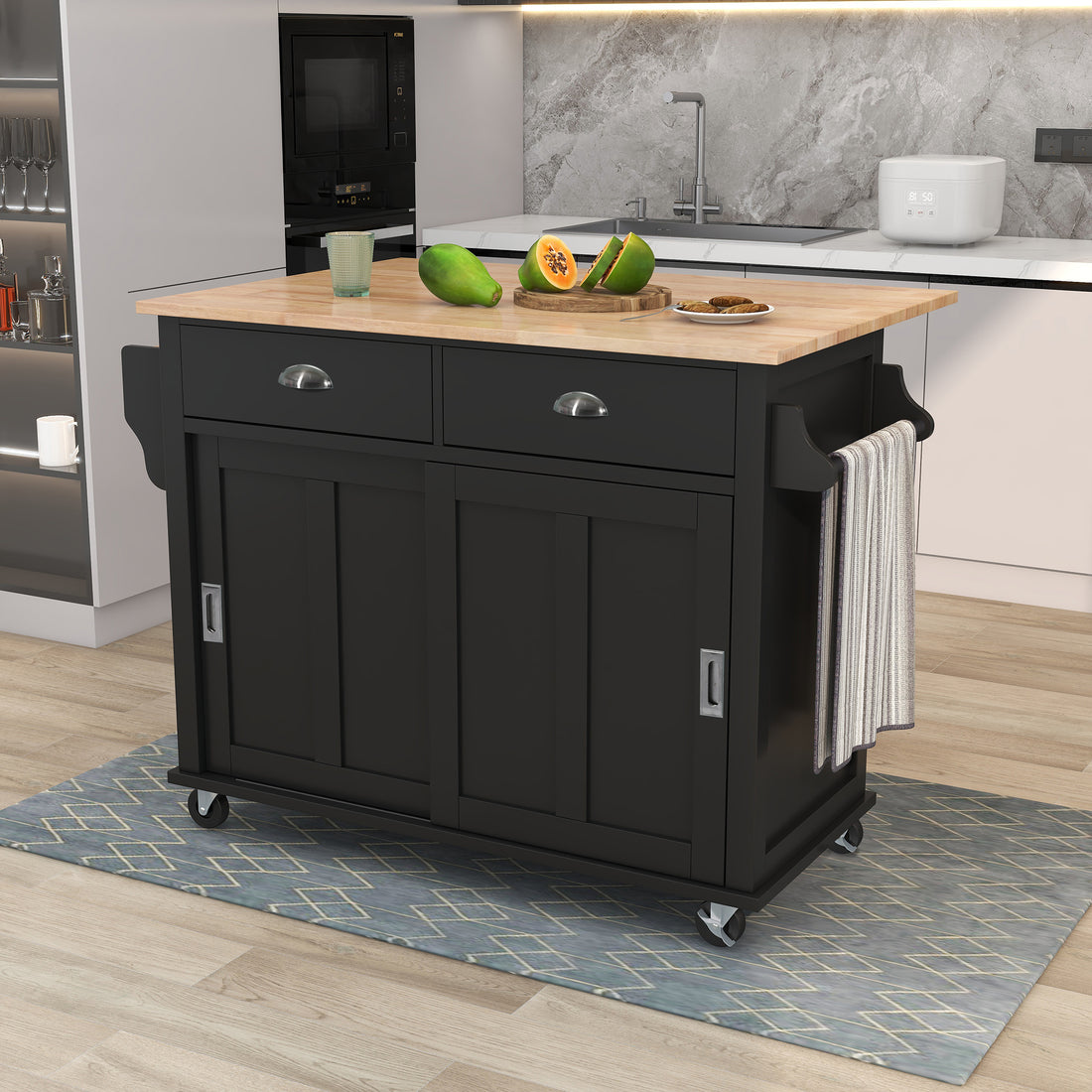 Kitchen Cart With Rubber Wood Drop Leaf Countertop, Concealed Sliding Barn Door Adjustable Height,Kitchen Island On 4 Wheels With Storage Cabinet And 2 Drawers,L52.2Xw30.5Xh36.6 Inch, Black Black Mdf