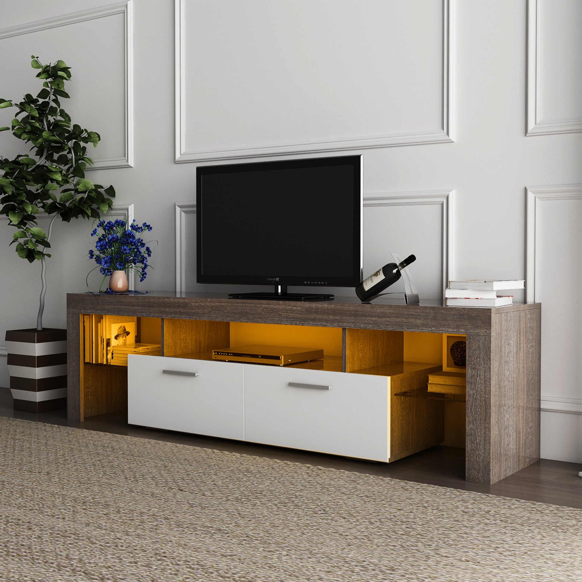 20 Minutes Quick Assembly Brown Simple Modern Tv Stand With The Toughened Glass Shelf Floor Cabinet Floor Tv Wall Cabinet Brown Whitetv Bracket With Led Color Changing Lights For Living Room Brown White Primary Living Space 60 69 Inches 60 69 Inches