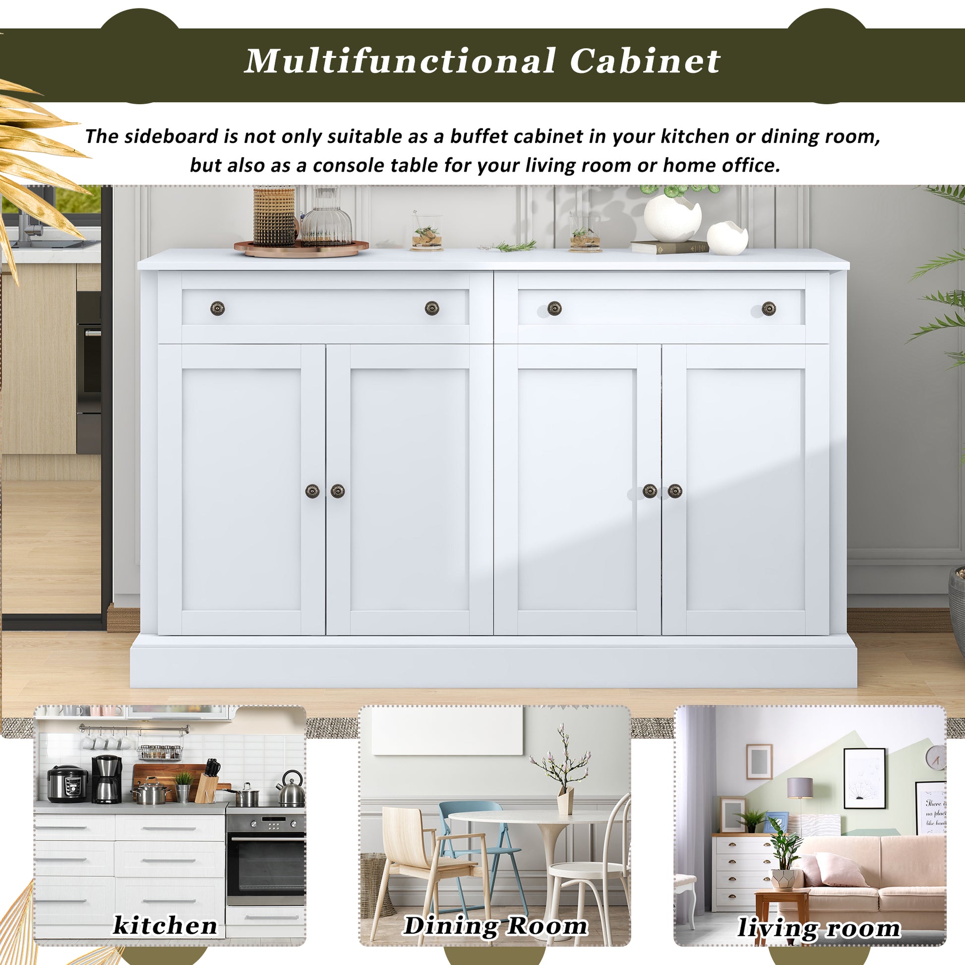 Kitchen Sideboard Storage Buffet Cabinet With 2 Drawers & 4 Doors Adjustable Shelves For Dining Room, Living Room White White Particle Board