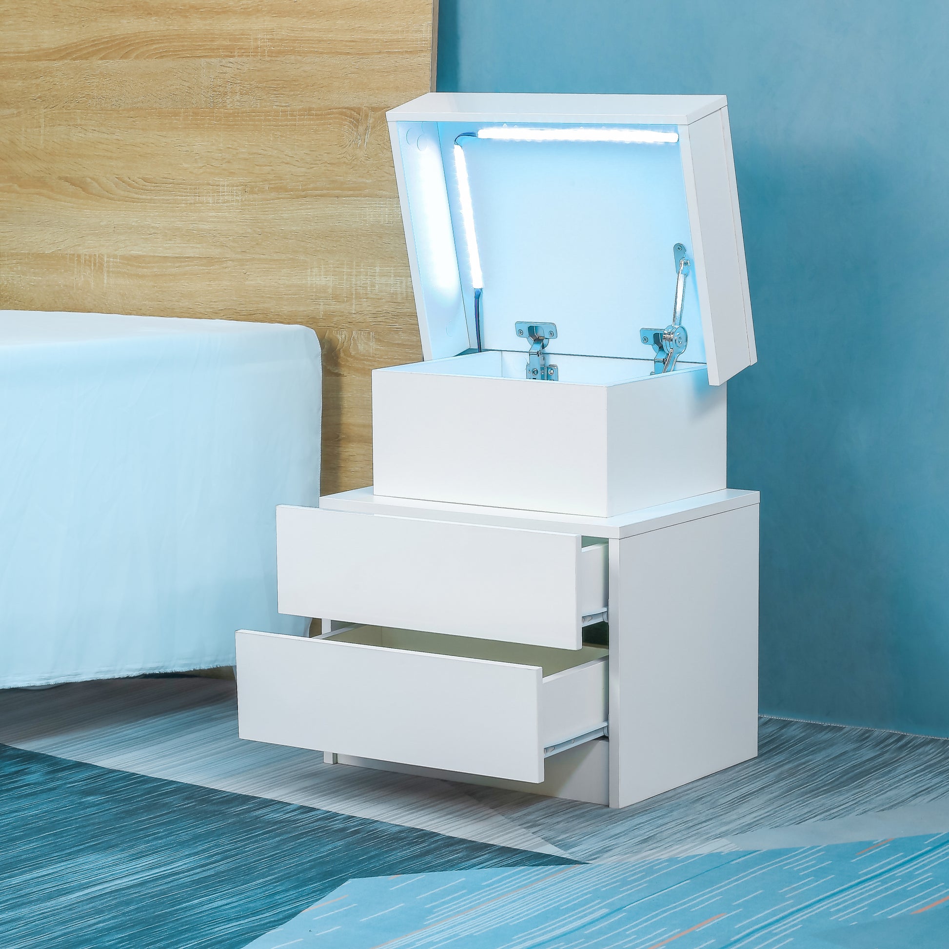 Led Nightstand Modern White Nightstand With Led Lights Wood Led Bedside Table Nightstand With 2 High Gloss Drawers For Bedroom White Abs Pc Particle Board