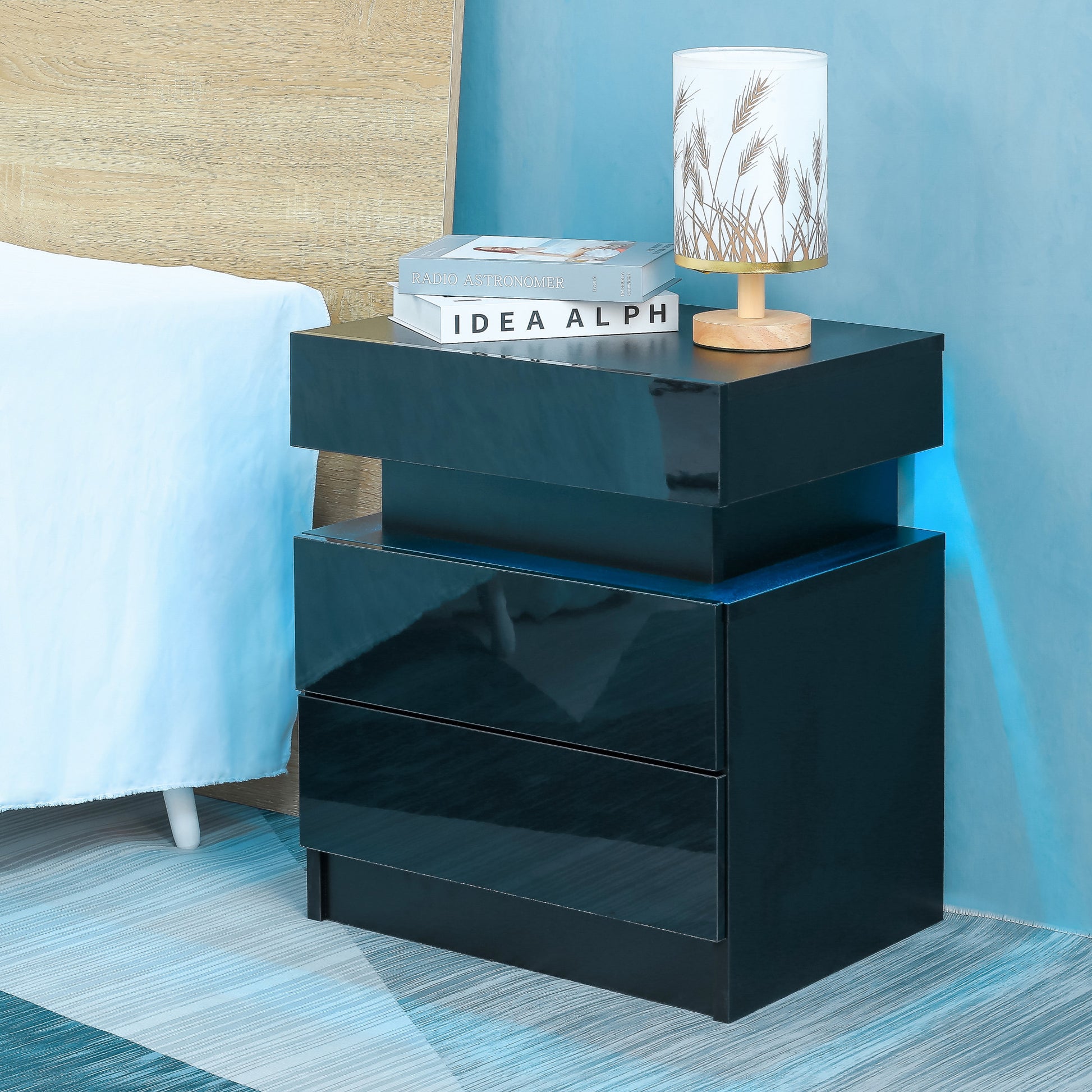 Led Nightstand Modern Black Nightstand With Led Lights Wood Led Bedside Table Nightstand With 2 High Gloss Drawers For Bedroom Standard 1 2 Drawers Black Bedroom Drawers Included American Design,American Traditional,Antique,Art Deco,Artsy Abs Pc Particle