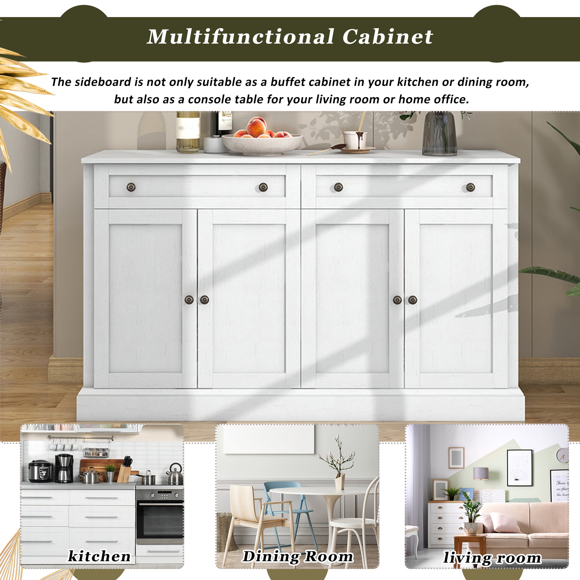 Kitchen Sideboard Storage Buffet Cabinet With 2 Drawers & 4 Doors Adjustable Shelves For Dining Room, Living Room Antique White Antique White Particle Board