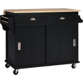 Kitchen Cart With Rubber Wood Drop Leaf Countertop, Concealed Sliding Barn Door Adjustable Height,Kitchen Island On 4 Wheels With Storage Cabinet And 2 Drawers,L52.2Xw30.5Xh36.6 Inch, Black Black Mdf