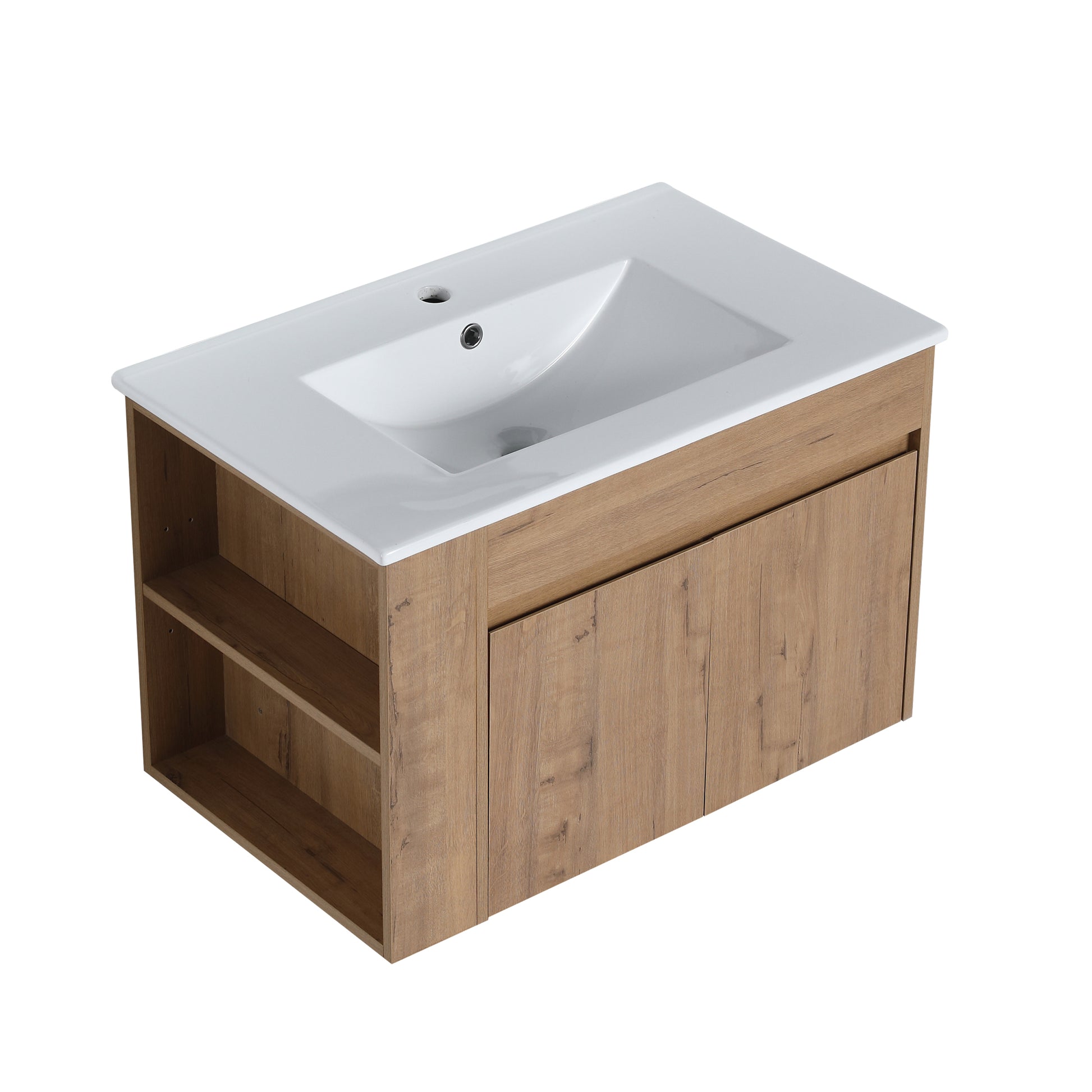 30 Inch Bathroom Vanity With White Ceramic Basin And Adjust Open Shelf Kd Packing Imitative Oak Plywood