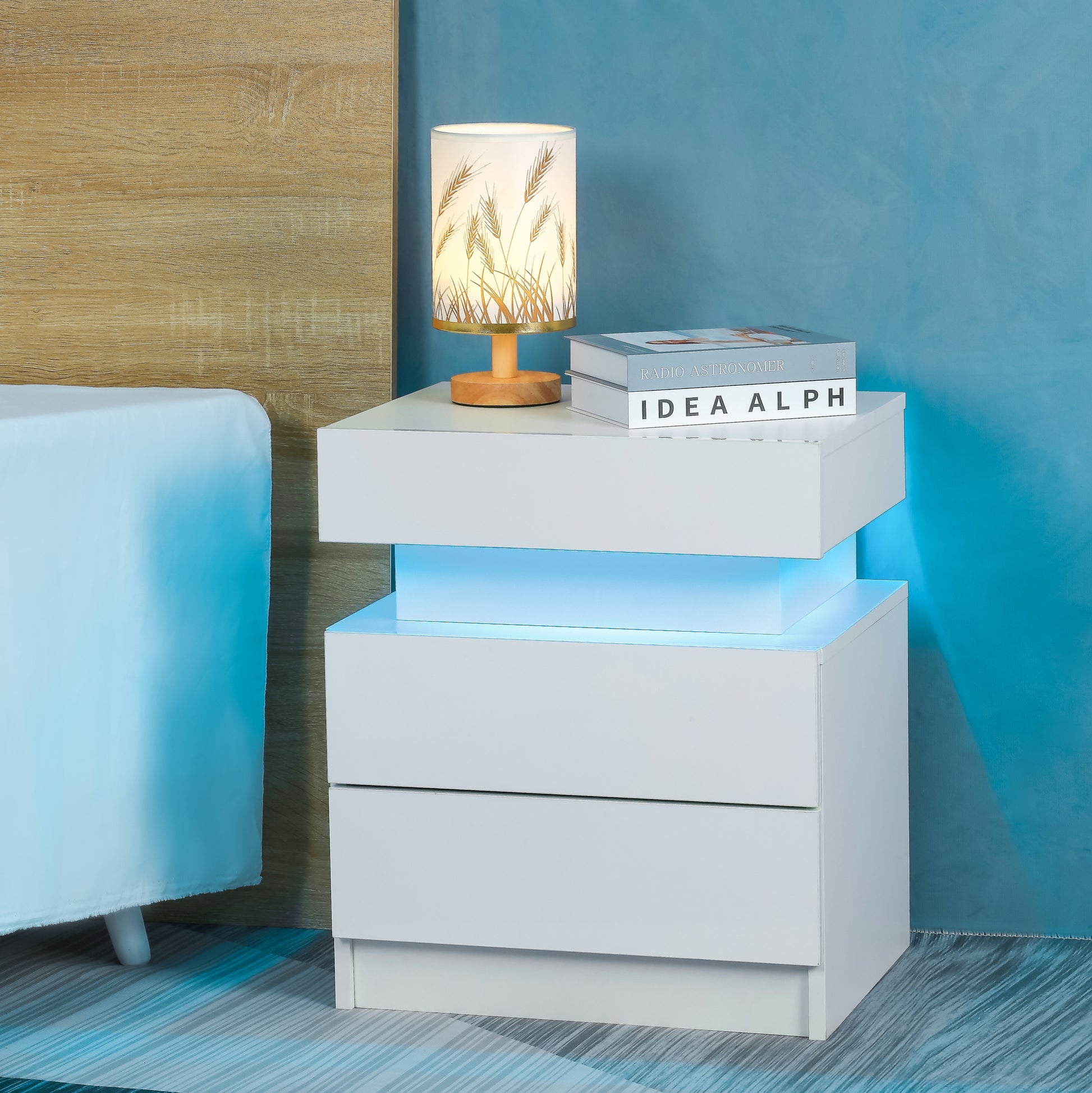 Led Nightstand Modern White Nightstand With Led Lights Wood Led Bedside Table Nightstand With 2 High Gloss Drawers For Bedroom White Abs Pc Particle Board