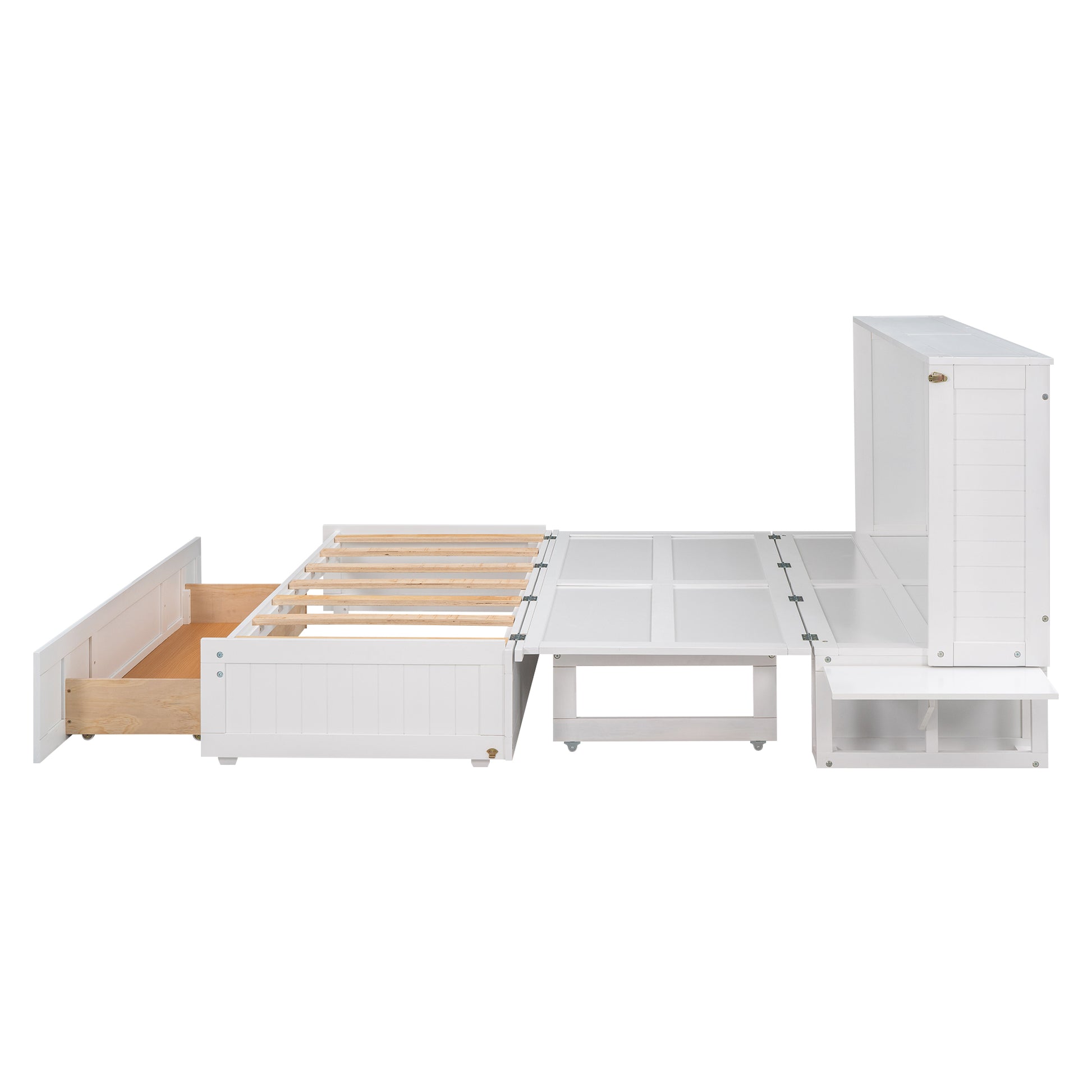 Queen Size Mobile Murphy Bed With Drawer And Little Shelves On Each Side,White Box Spring Not Required Queen White Wood Pine Pine