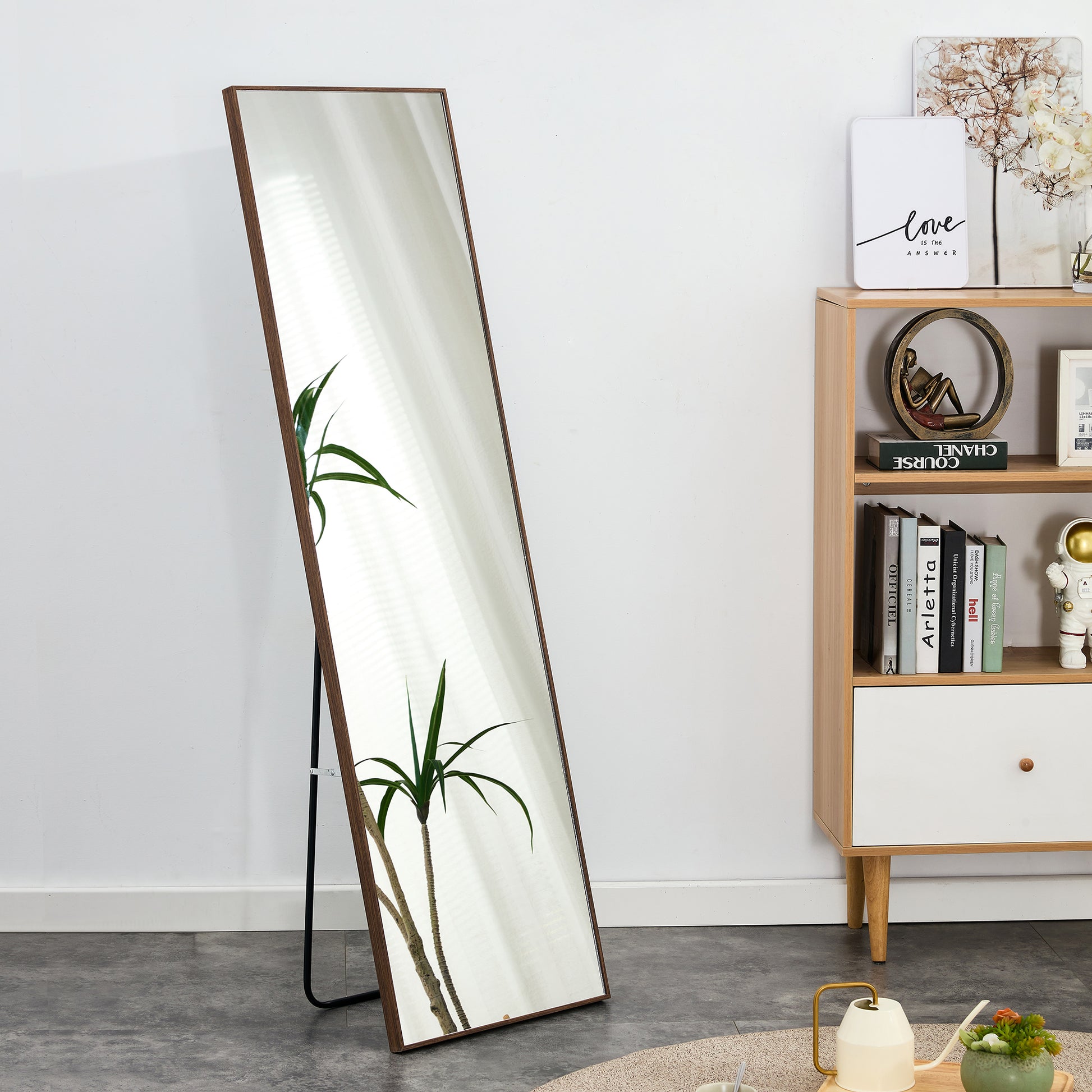 Brown Solid Wood Frame Full Length Mirror, Dressing Mirror, Bedroom Home Porch, Decorative Mirror, Clothing Store, Floor Mounted Large Mirror, Wall Mounted.63"*19" Brown Glass