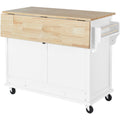 Kitchen Cart With Rubber Wood Drop Leaf Countertop, Concealed Sliding Barn Door Adjustable Height,Kitchen Island On 4 Wheels With Storage Cabinet And 2 Drawers,L52.2Xw30.5Xh36.6 Inch, White White Mdf