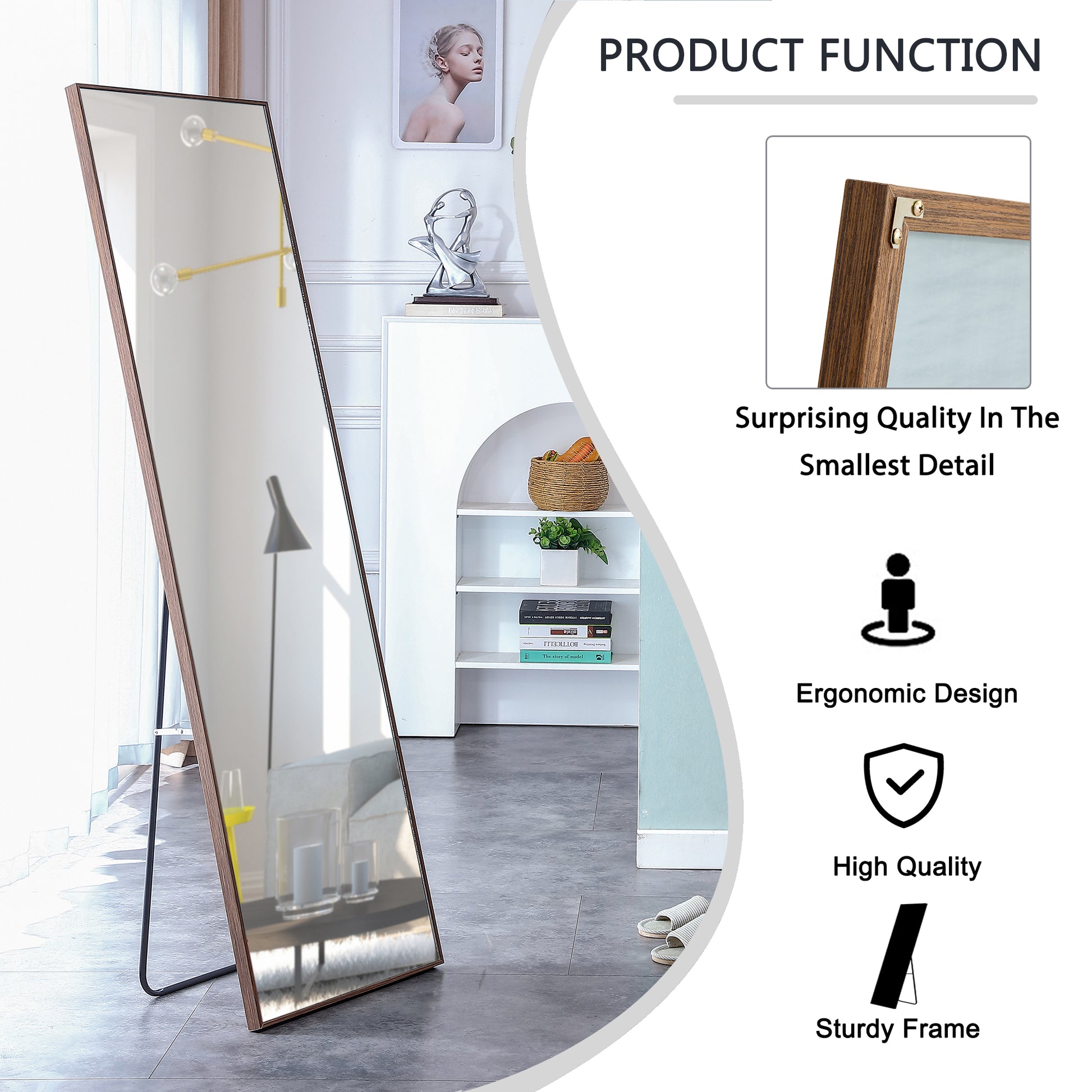 Brown Solid Wood Frame Full Length Mirror, Dressing Mirror, Bedroom Home Porch, Decorative Mirror, Clothing Store, Floor Mounted Large Mirror, Wall Mounted.63"*19" Brown Glass